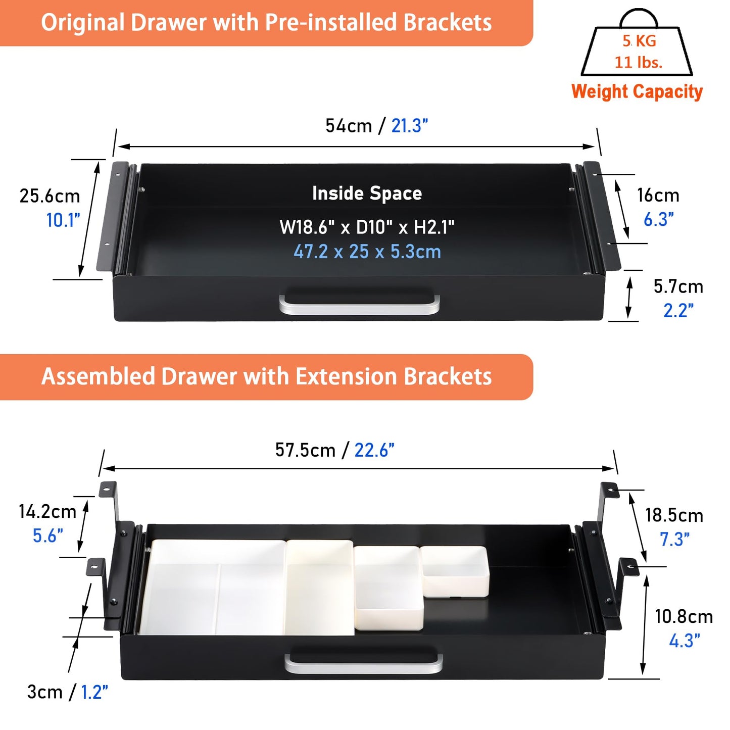 Under Desk Drawer Organizer with 4 Plastic Dividers - 54cm-CentralDepot247