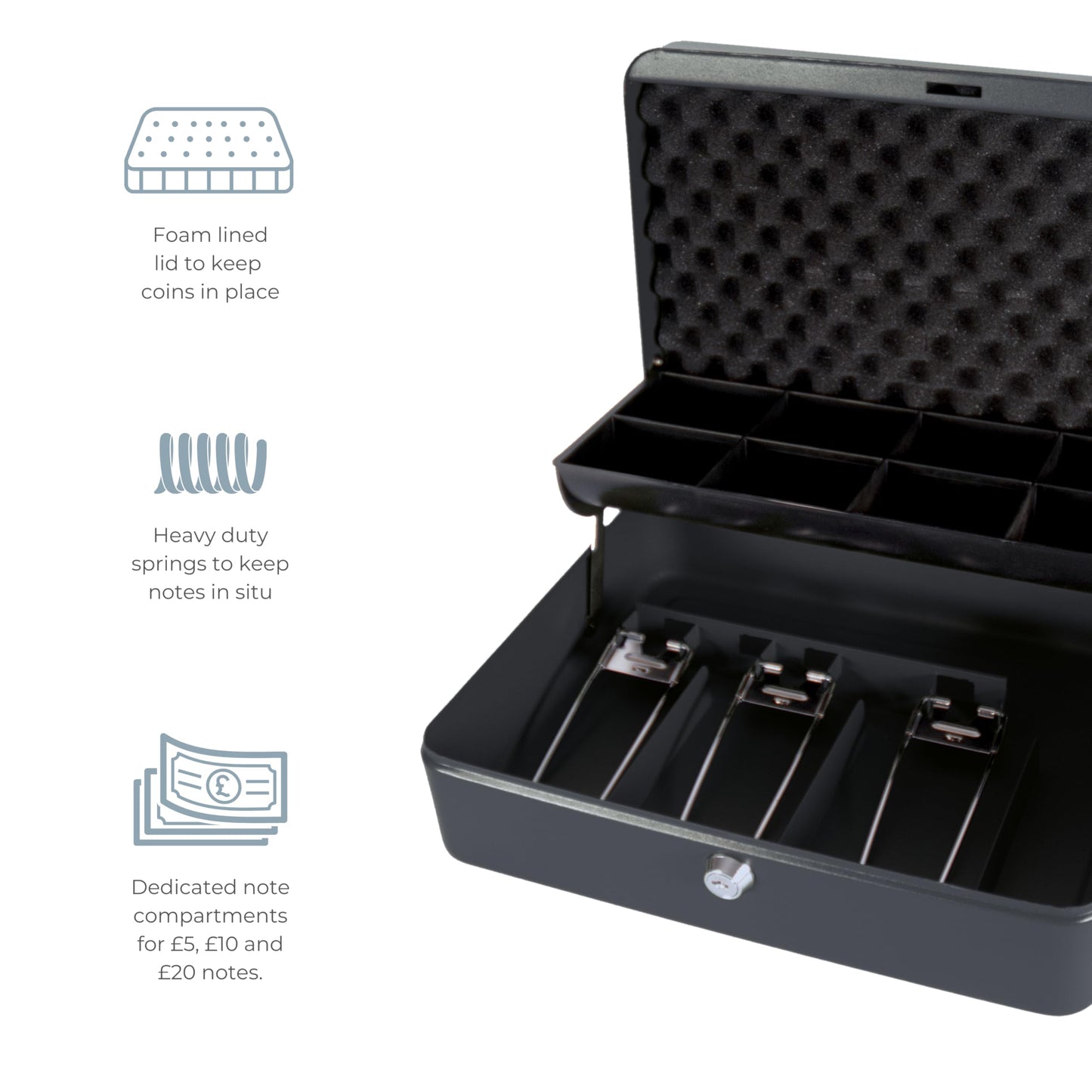 The Ultimate Cash Box with Foam Lining & Cantilever Coin Tray - Black
