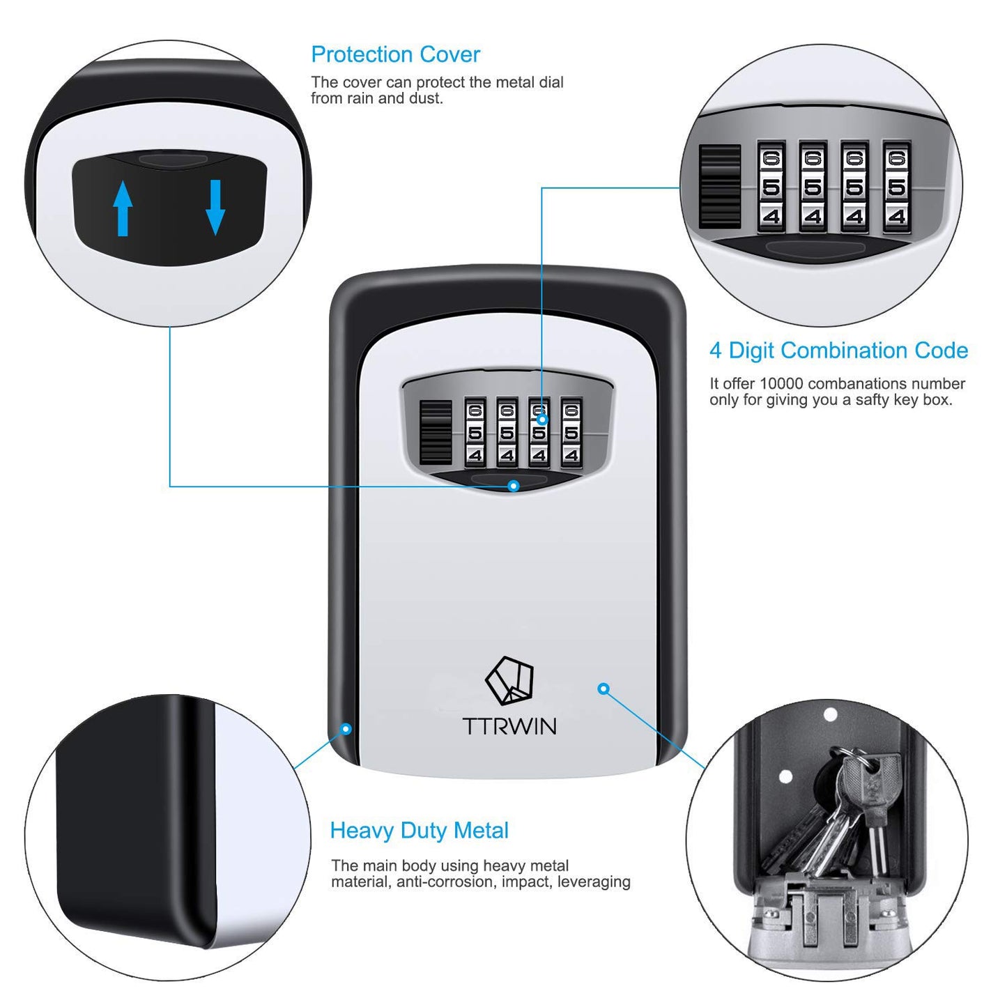 TTRWIN Key Lock Box with 4-Digit Combination Lock, Waterproof & Wall Mounted