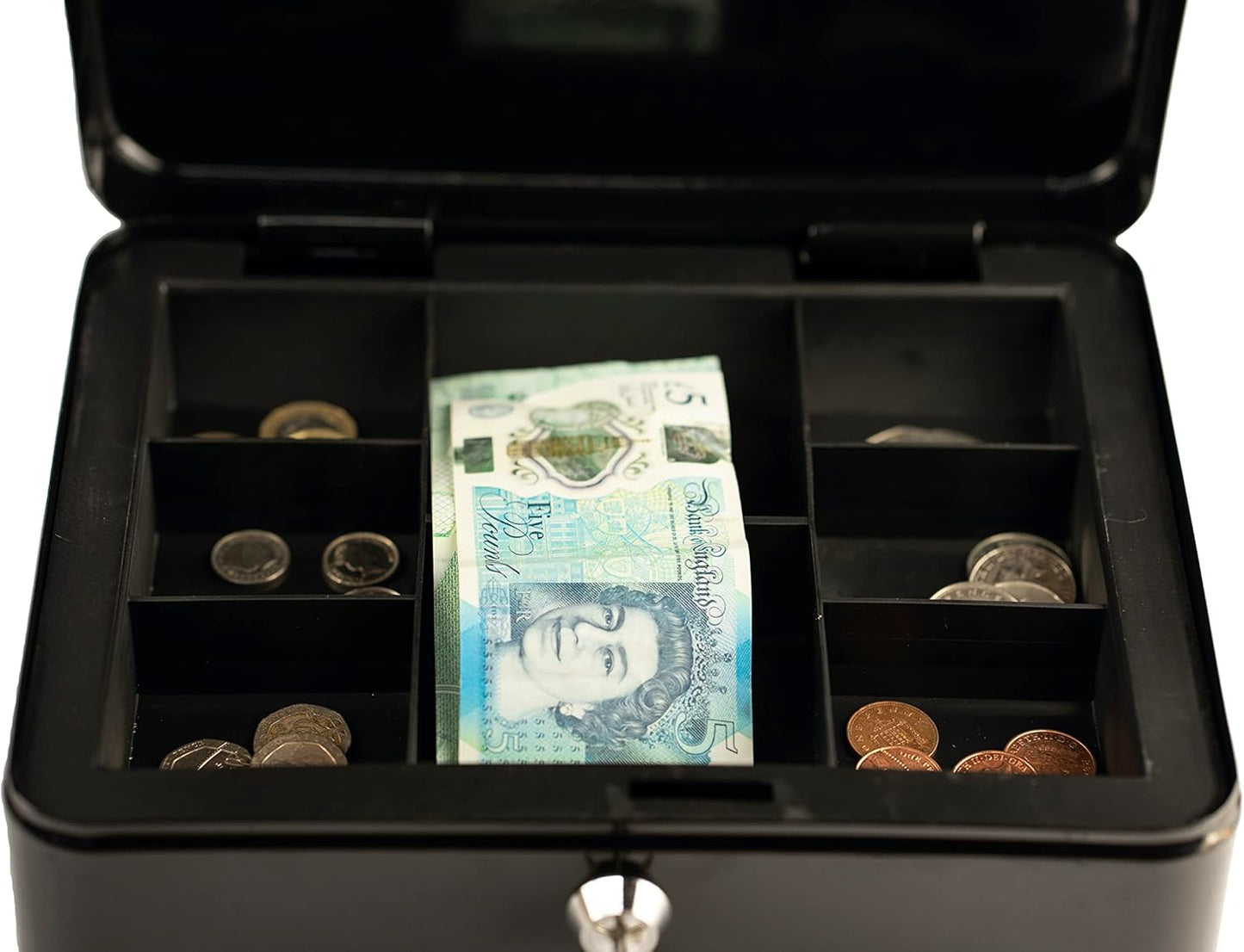 Steel Petty Cash Box with 2 Keys and Removable Change Tray - Black 10"