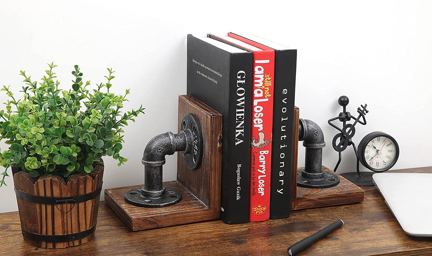 Rustic Industrial Wooden Bookends - Set of 2 (Black-Grey)-CentralDepot247