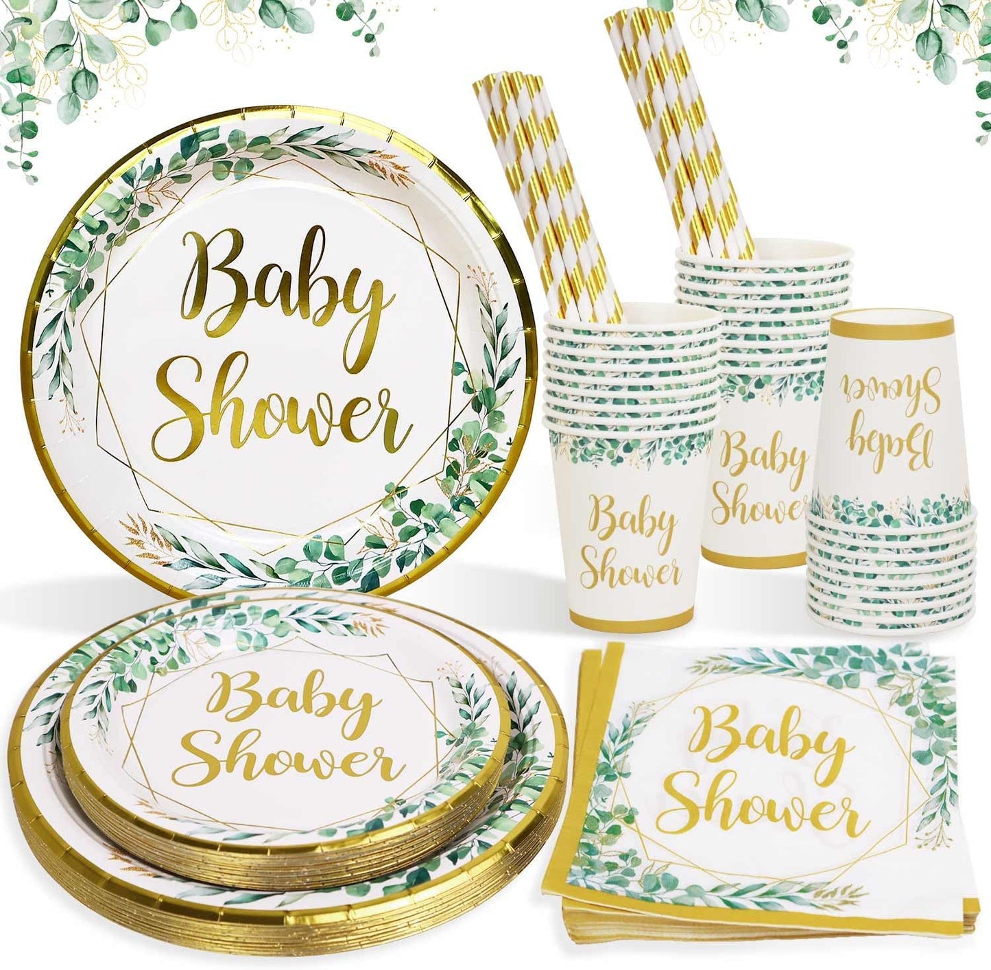 Sage Green Baby Shower Tableware Set for 25 Guests - 125 Pieces