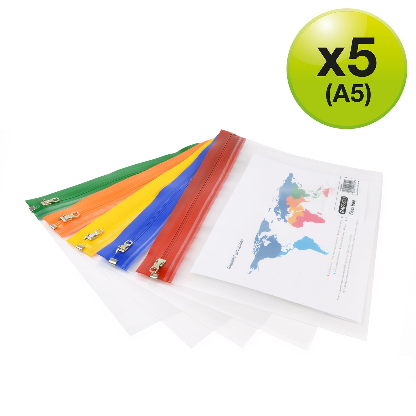 Rapesco 1503 Zippi File A4+, Transparent with Assorted Strips, Pack of 5