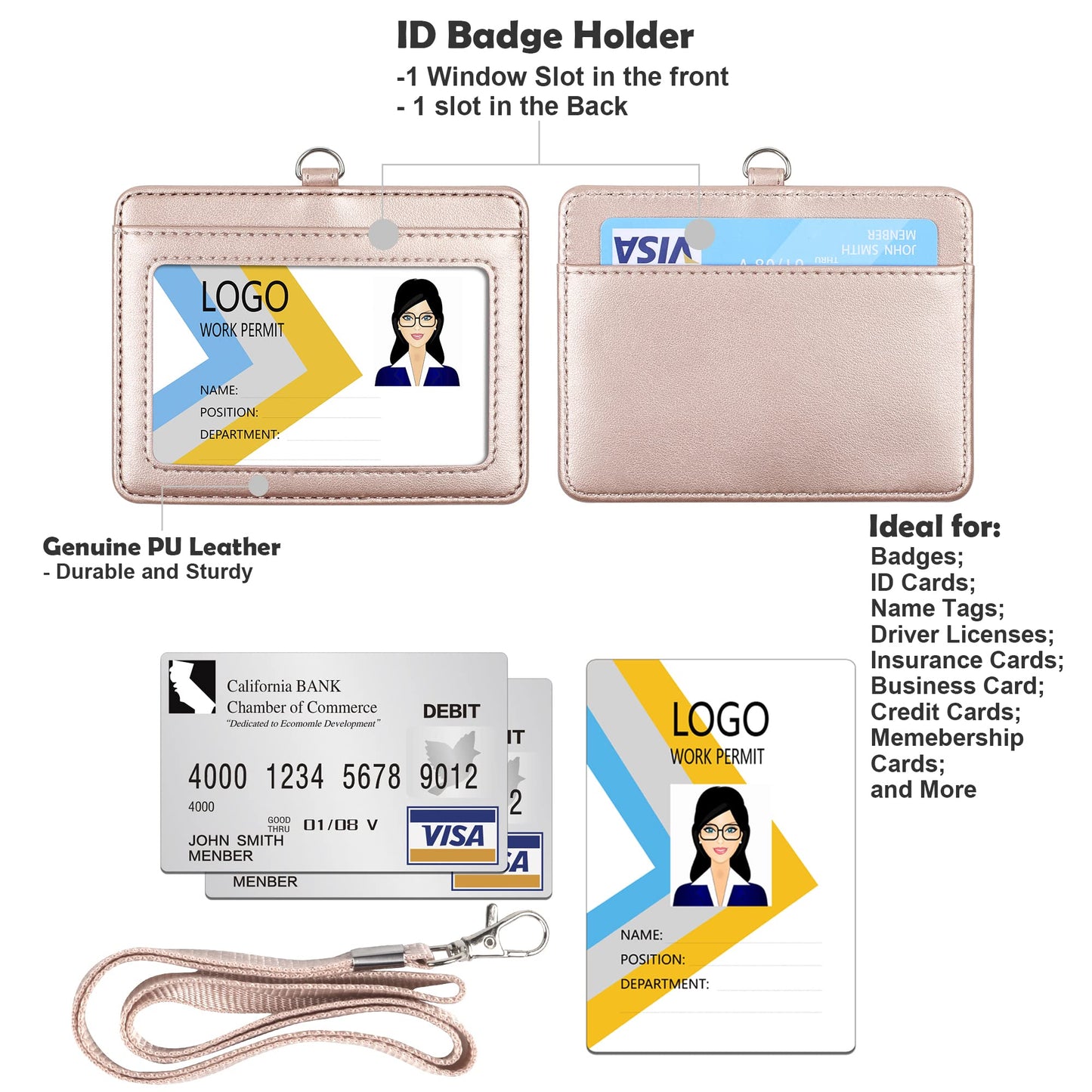 Vertical PU Leather ID Badge Holder with Lanyard - Black
