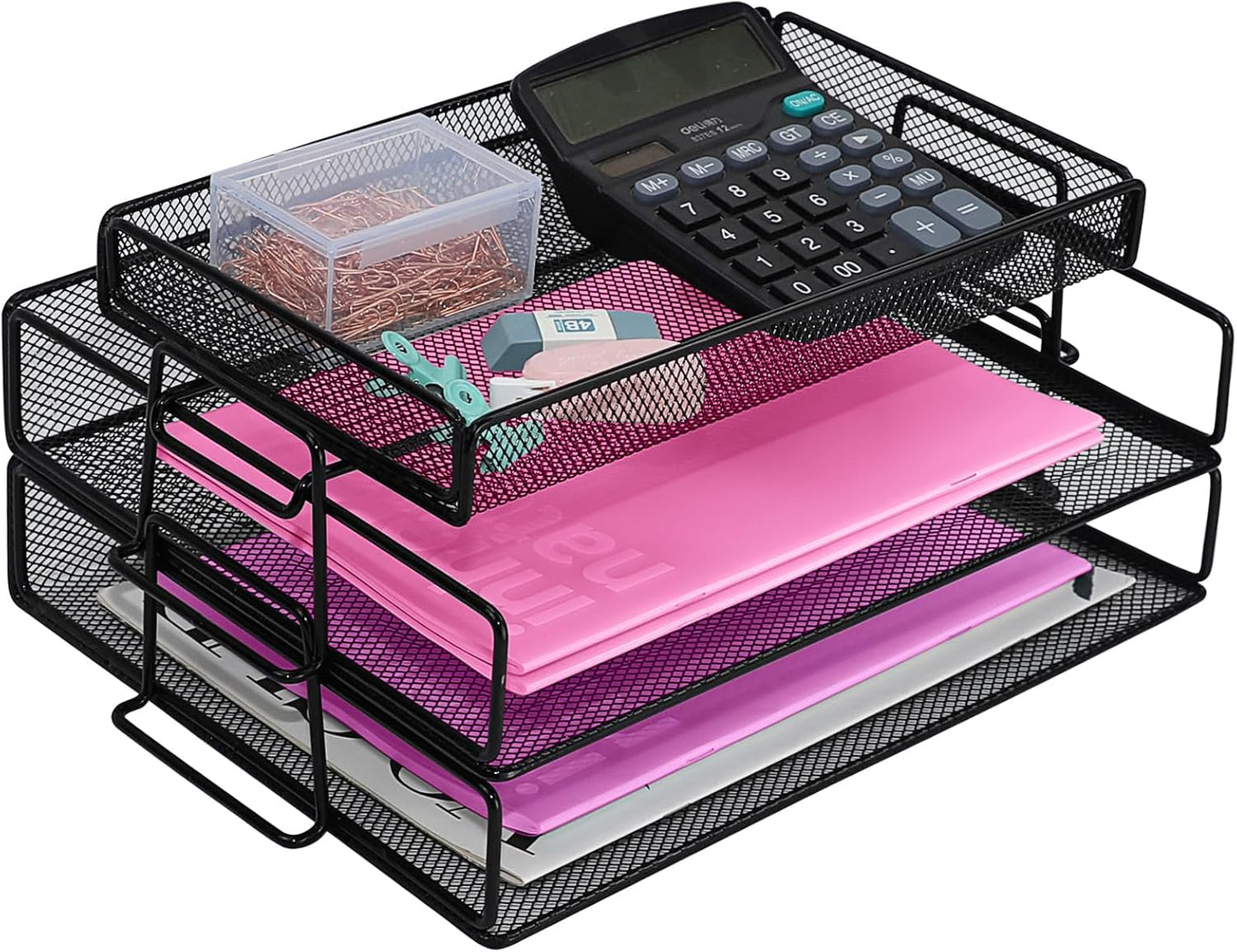 Stackable 2-Tier Metal Desk Organizer Tray with Top Holder-CentralDepot247