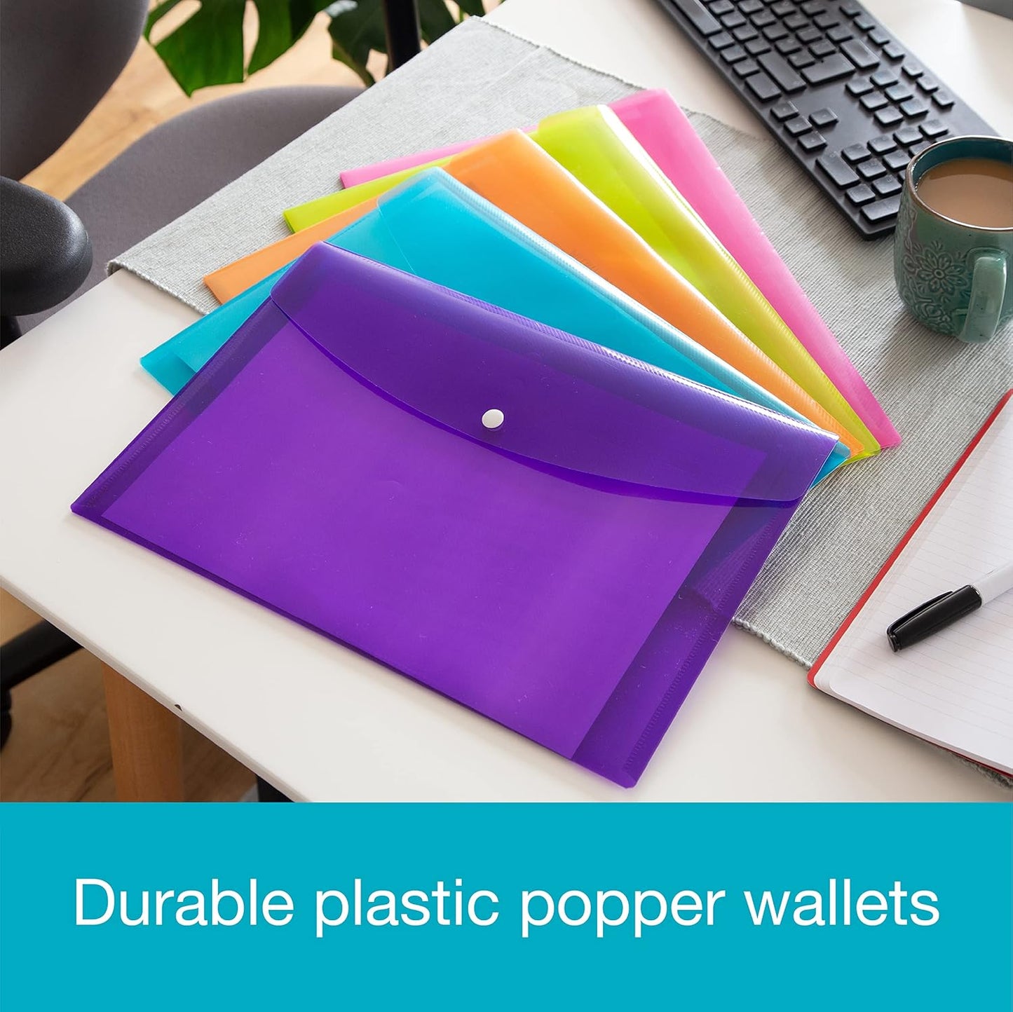 SUMMIT A4+ Heavy Duty Plastic Popper Wallets, 5 Assorted Colours