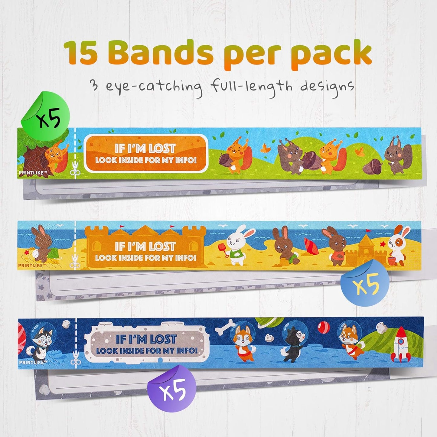 Printlike 15 Pack Travel ID Safety Wristbands for Kids