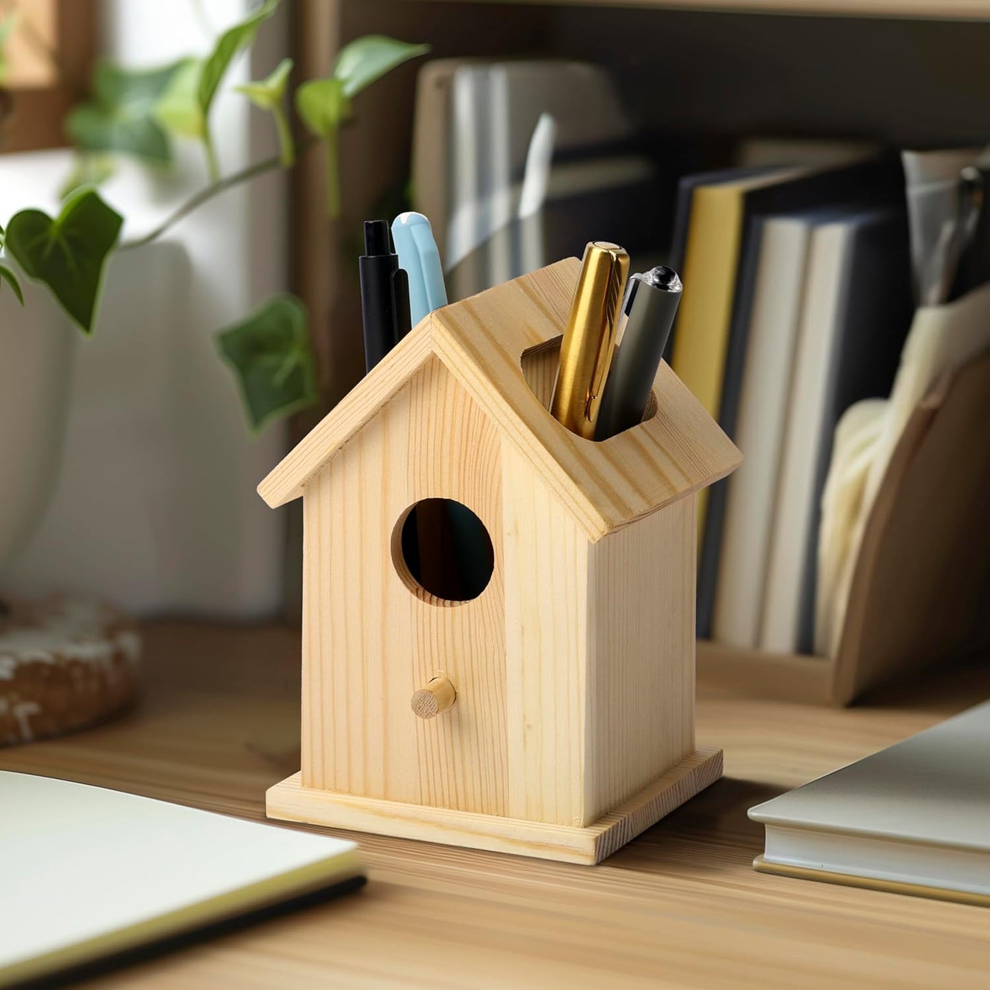 Wooden Birdhouse Pen & Pencil Holder for Desk - Organiser & Storage Pot-CentralDepot247