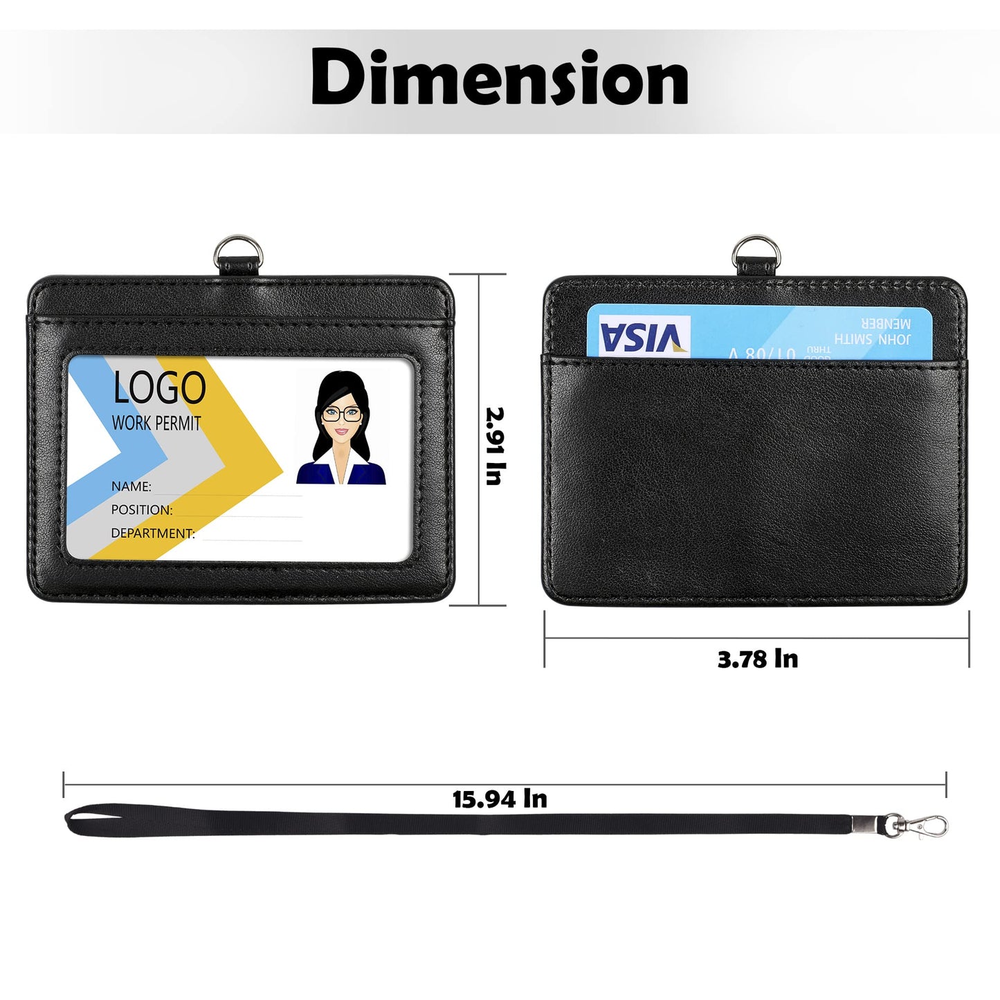 Vertical PU Leather ID Badge Holder with Lanyard - Black