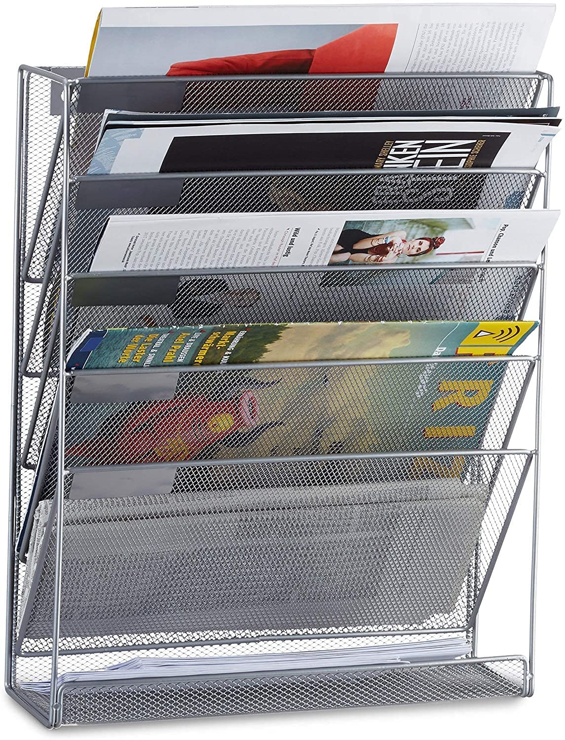 Wall Mounted 6 Tier Magazine File Rack - Silver Metal Organizer-CentralDepot247
