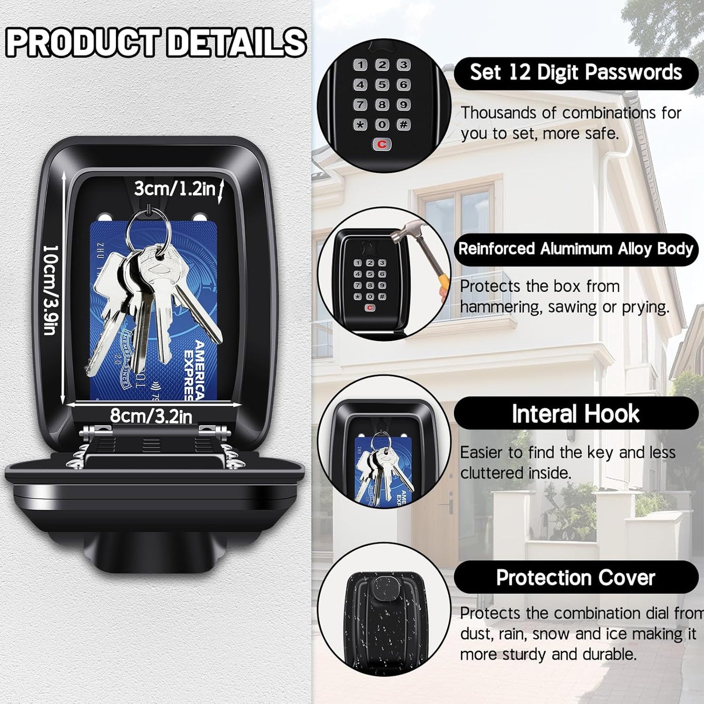 Wall Mounted Key Safe Box - 12-Digit Combination, Waterproof, Extra Large