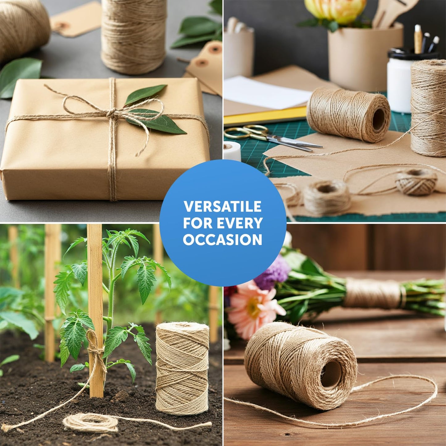 Merrimen Biodegradable Jute Christmas Wrapping Twine – 3 Rolls of Strong 3-Ply Natural Twine for Gift Wrapping, DIY Crafts, and Holiday Decorations – 500ft per Roll (Brown)-CentralDepot247