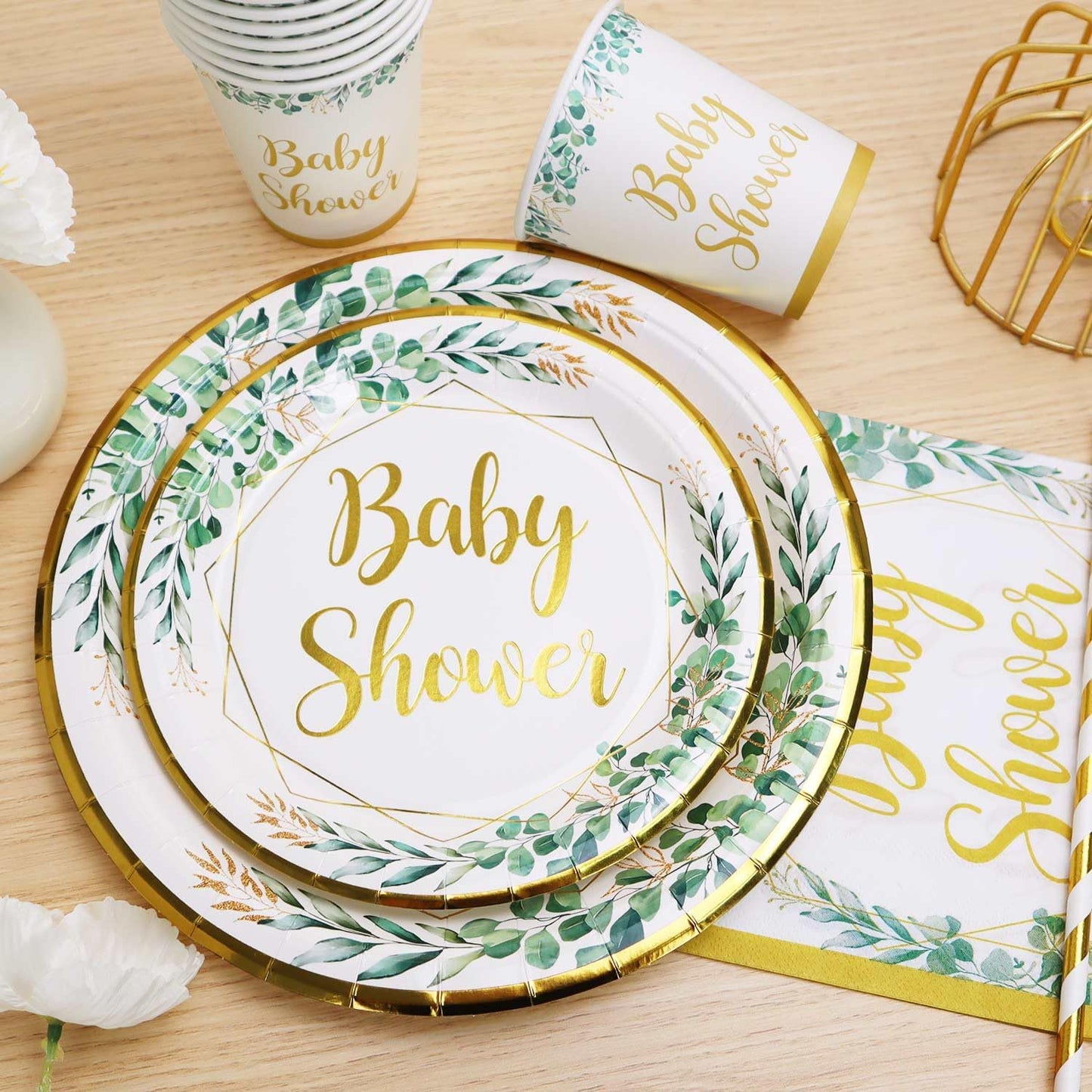 Sage Green Baby Shower Tableware Set for 25 Guests - 125 Pieces
