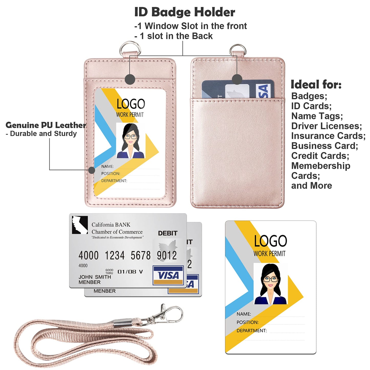 Vertical PU Leather ID Badge Holder with Lanyard - Black