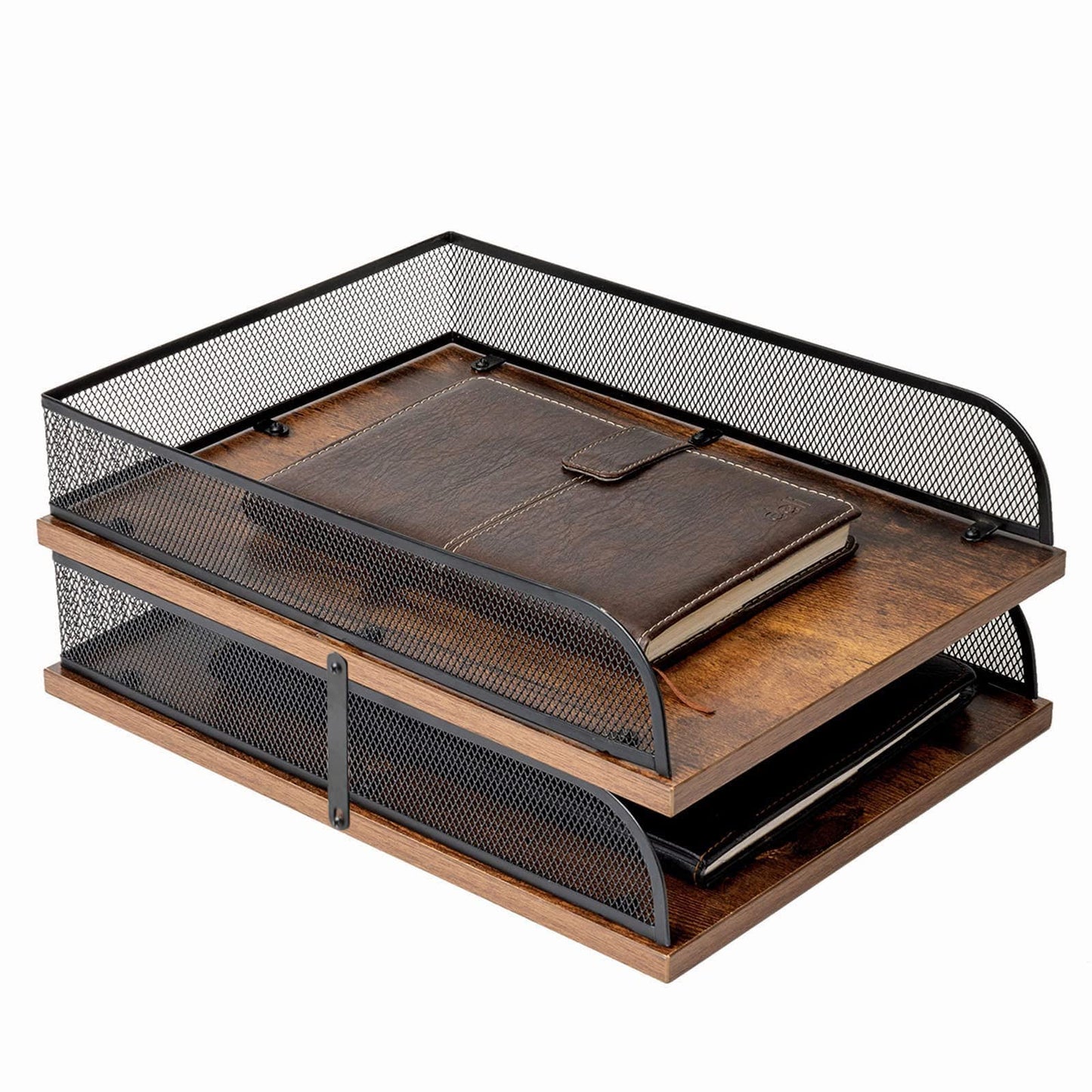 Set of 2 Vintage Wood & Metal Letter Trays - Office Organizers-CentralDepot247