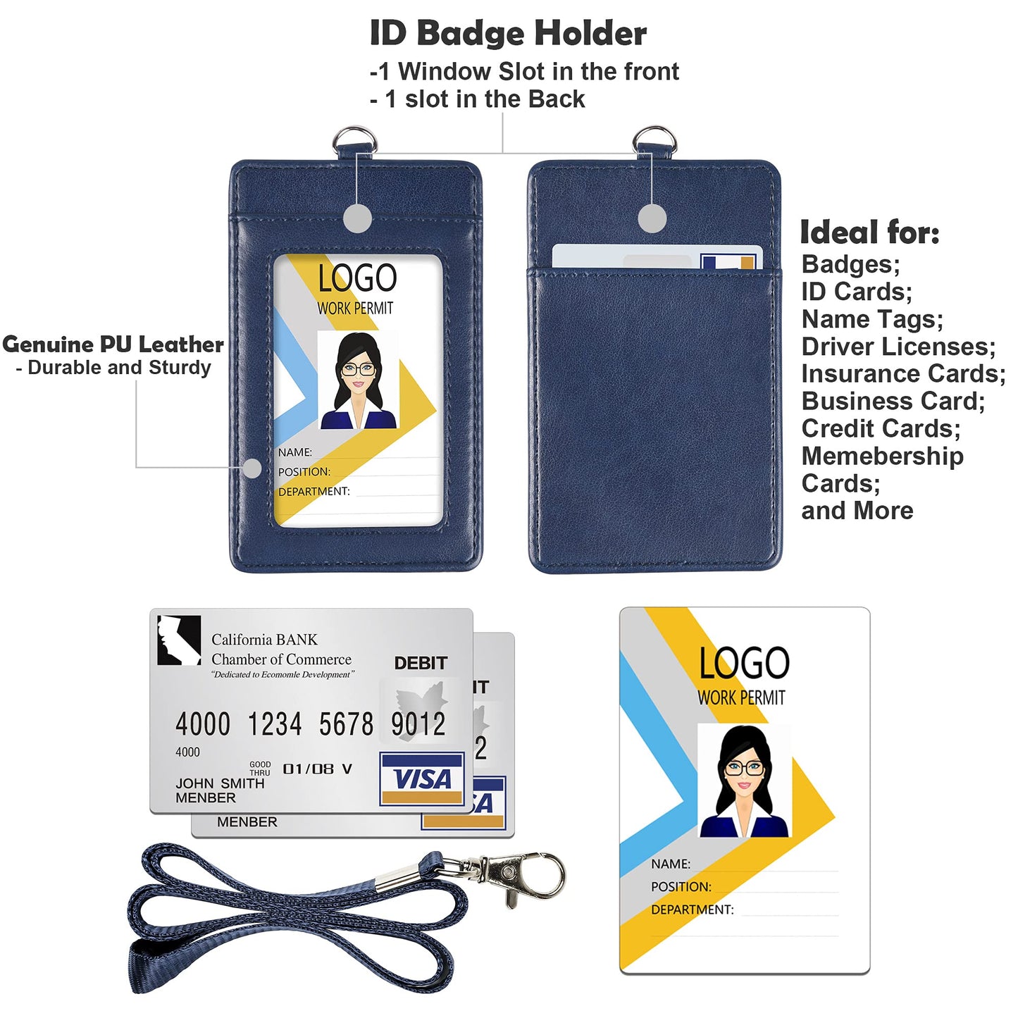 Vertical PU Leather ID Badge Holder with Lanyard - Black