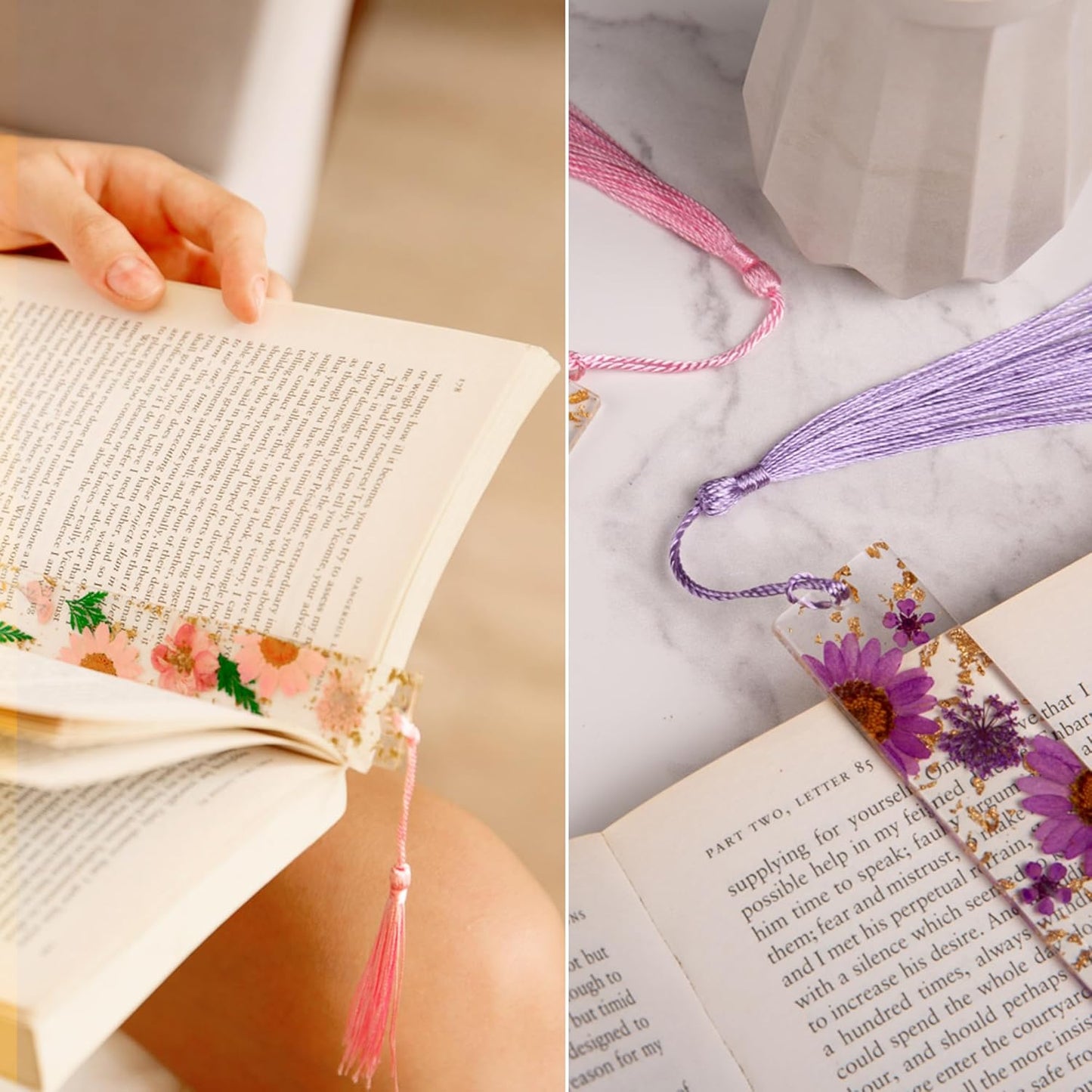 Pressed Flower Bookmarks (2 Pack) - Handmade Floral Resin Tassels