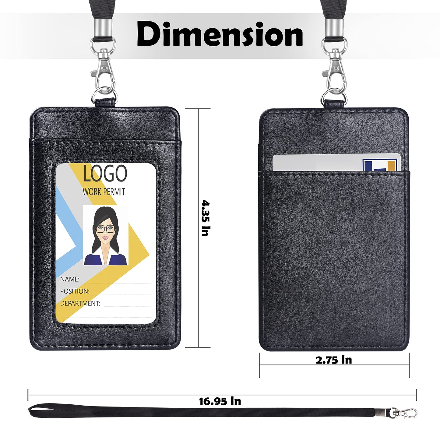 Vertical PU Leather ID Badge Holder with Lanyard - Black