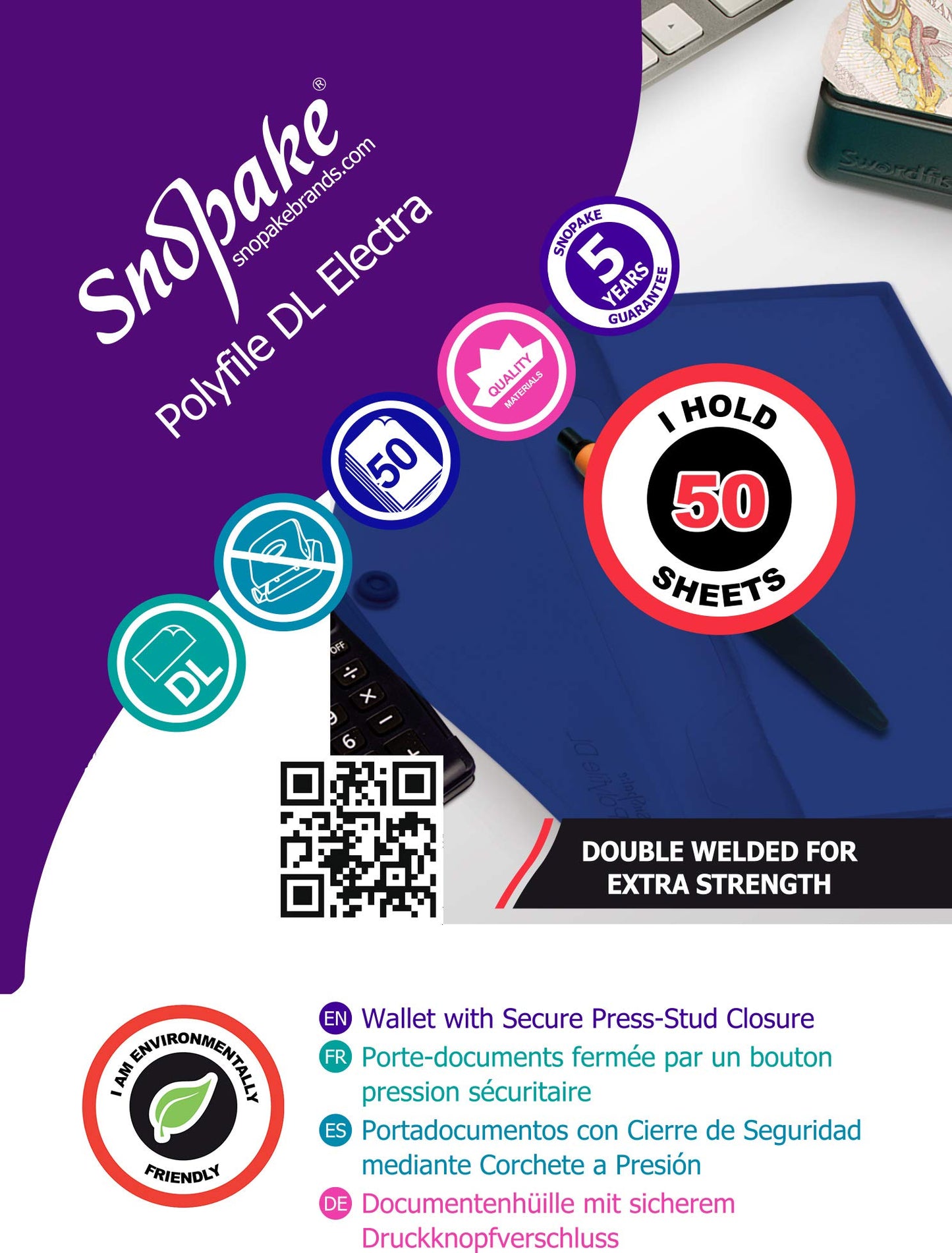 Snopake DL Polyfile Popper Wallet with Press Stud Closure – Pack of 5