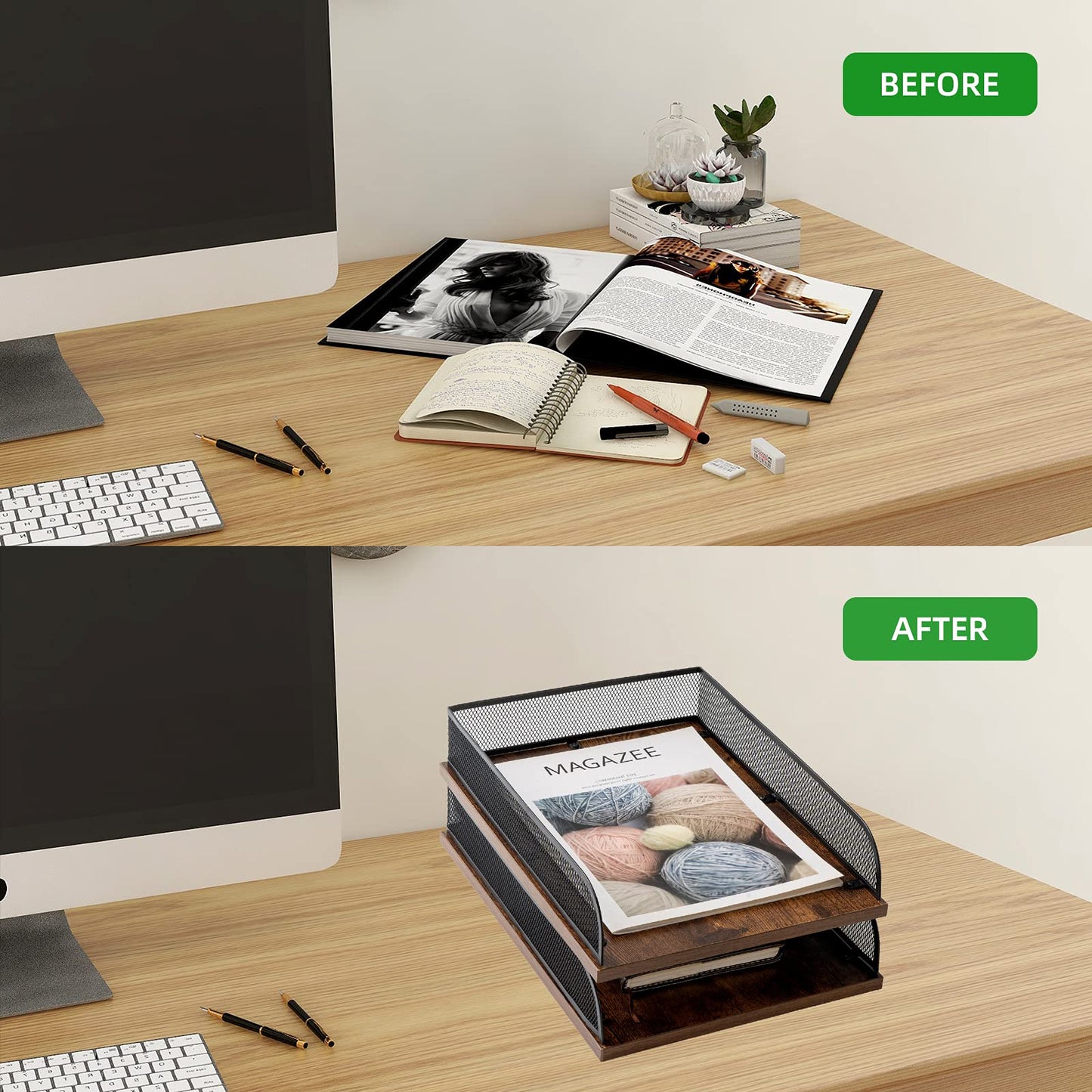 Set of 2 Vintage Wood & Metal Letter Trays - Office Organizers-CentralDepot247
