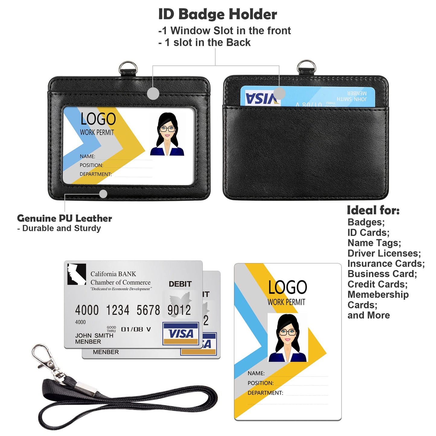 Vertical PU Leather ID Badge Holder with Lanyard - Black