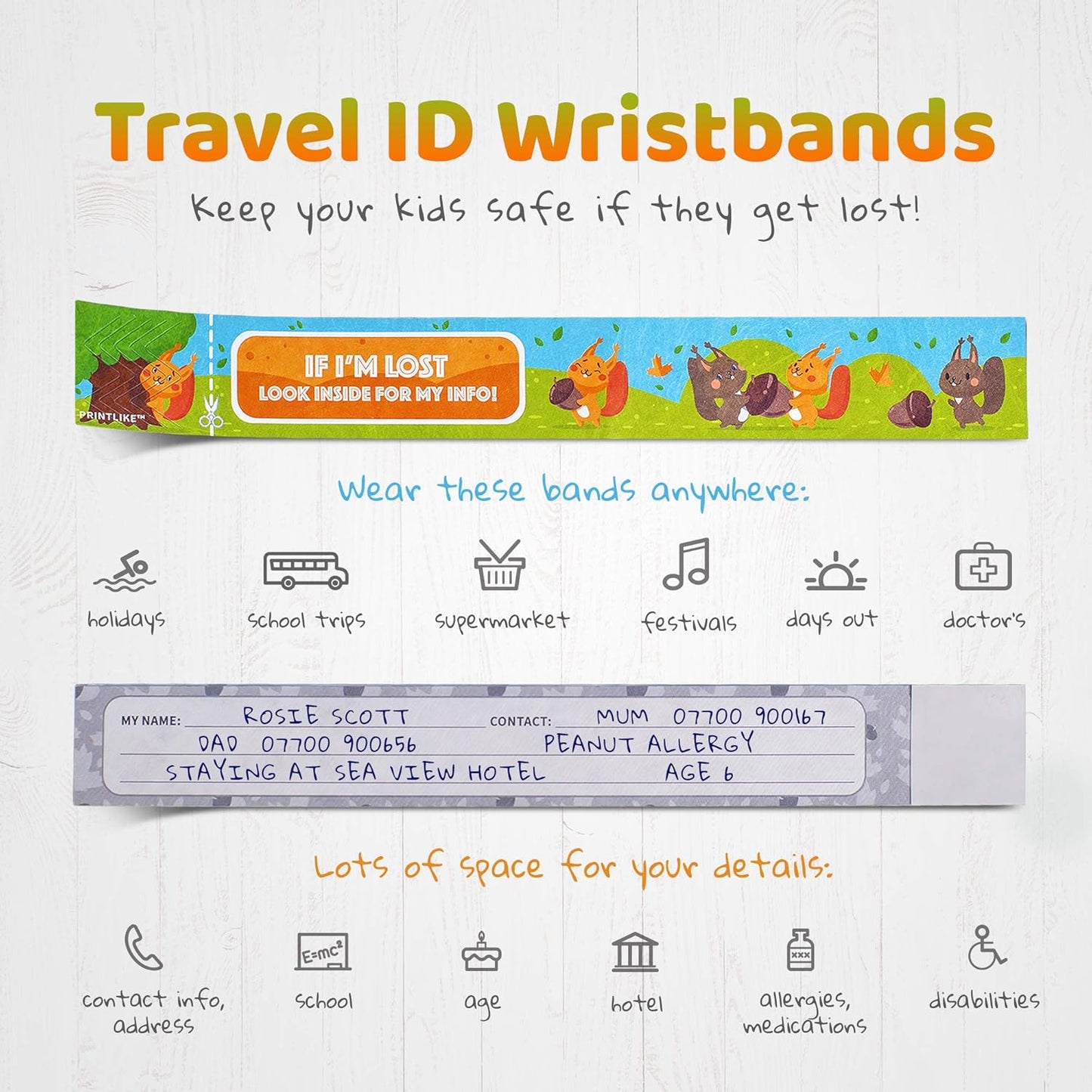 Printlike 15 Pack Travel ID Safety Wristbands for Kids