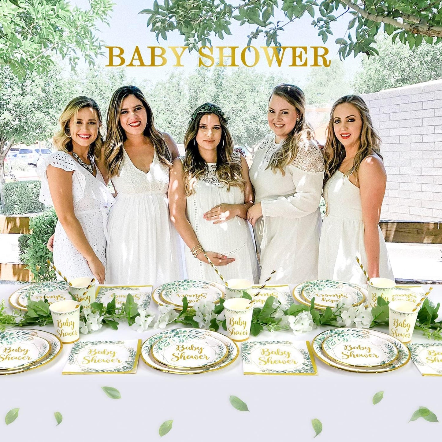Sage Green Baby Shower Tableware Set for 25 Guests - 125 Pieces