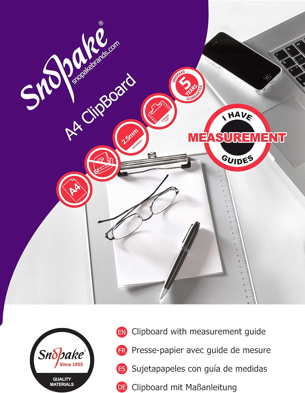 Snopake A4 Metallic Clipboard with Heavy Duty Clip and Measurement Guide