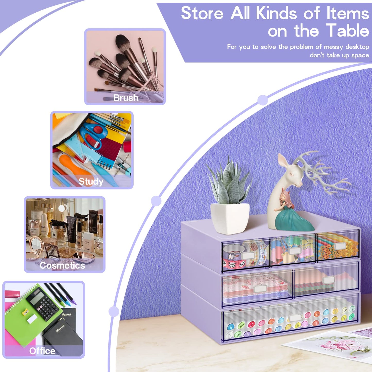 Stackable 3-Tier Desk Organizer with 6 Drawers - Purple-CentralDepot247