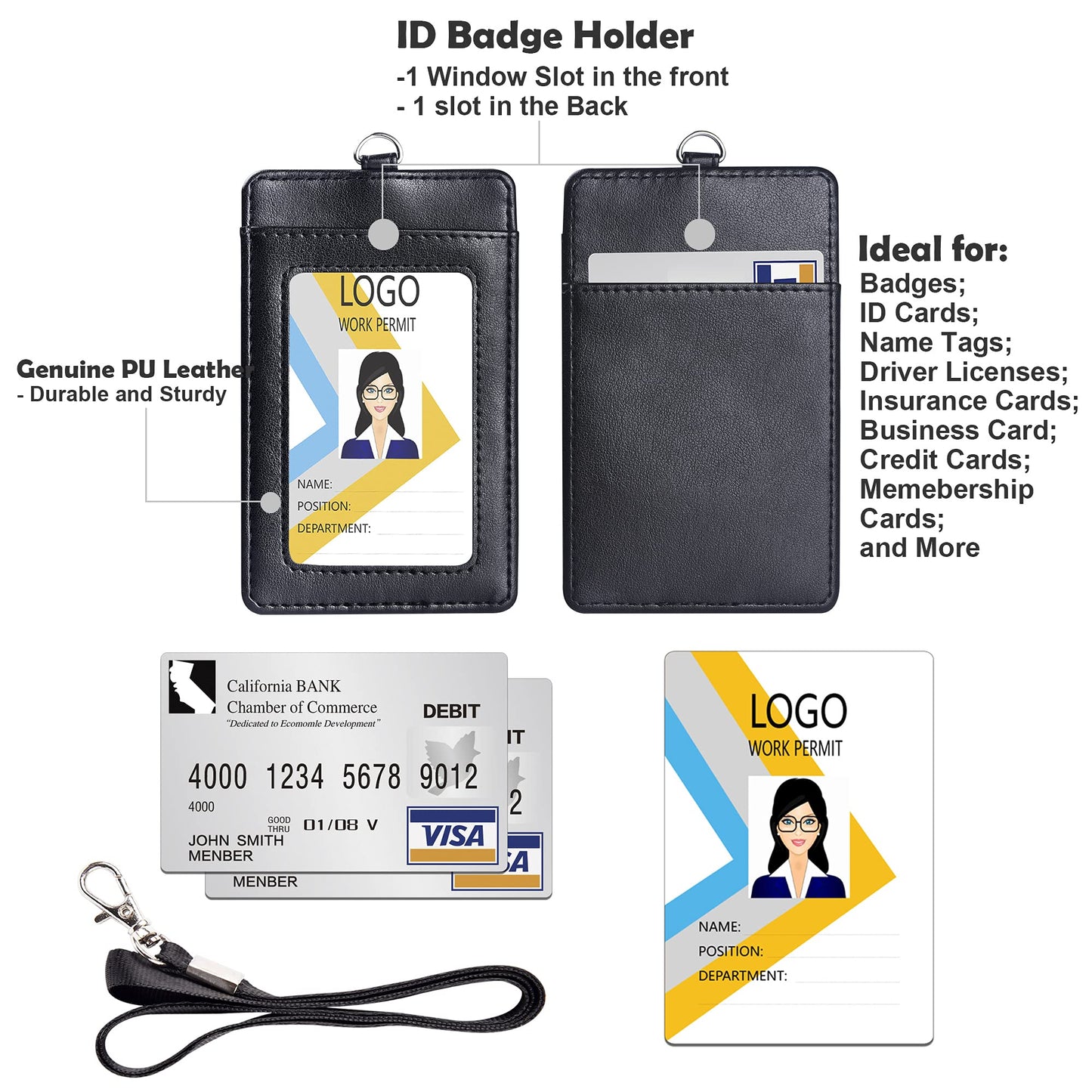 Vertical PU Leather ID Badge Holder with Lanyard - Black