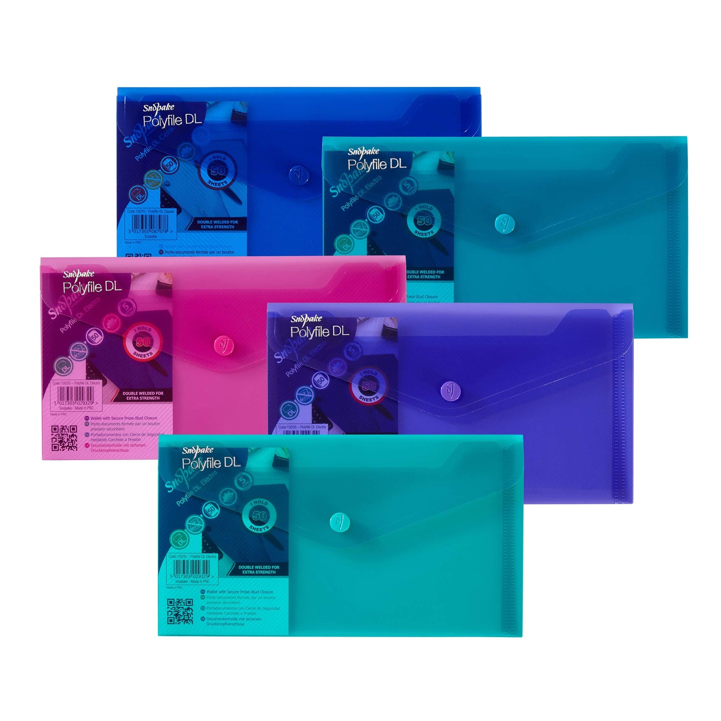Snopake DL Polyfile Popper Wallet with Press Stud Closure – Pack of 5