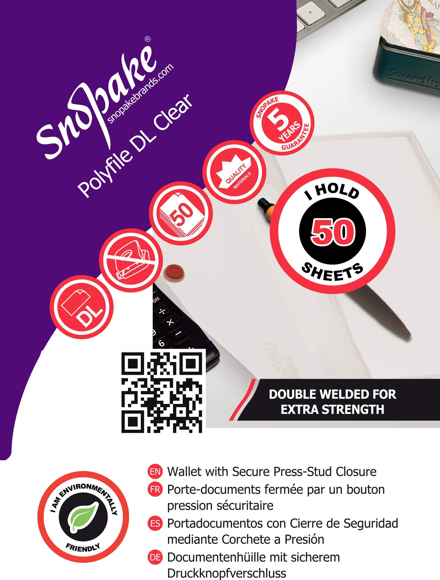 Snopake DL Polyfile Popper Wallet with Press Stud Closure – Pack of 5