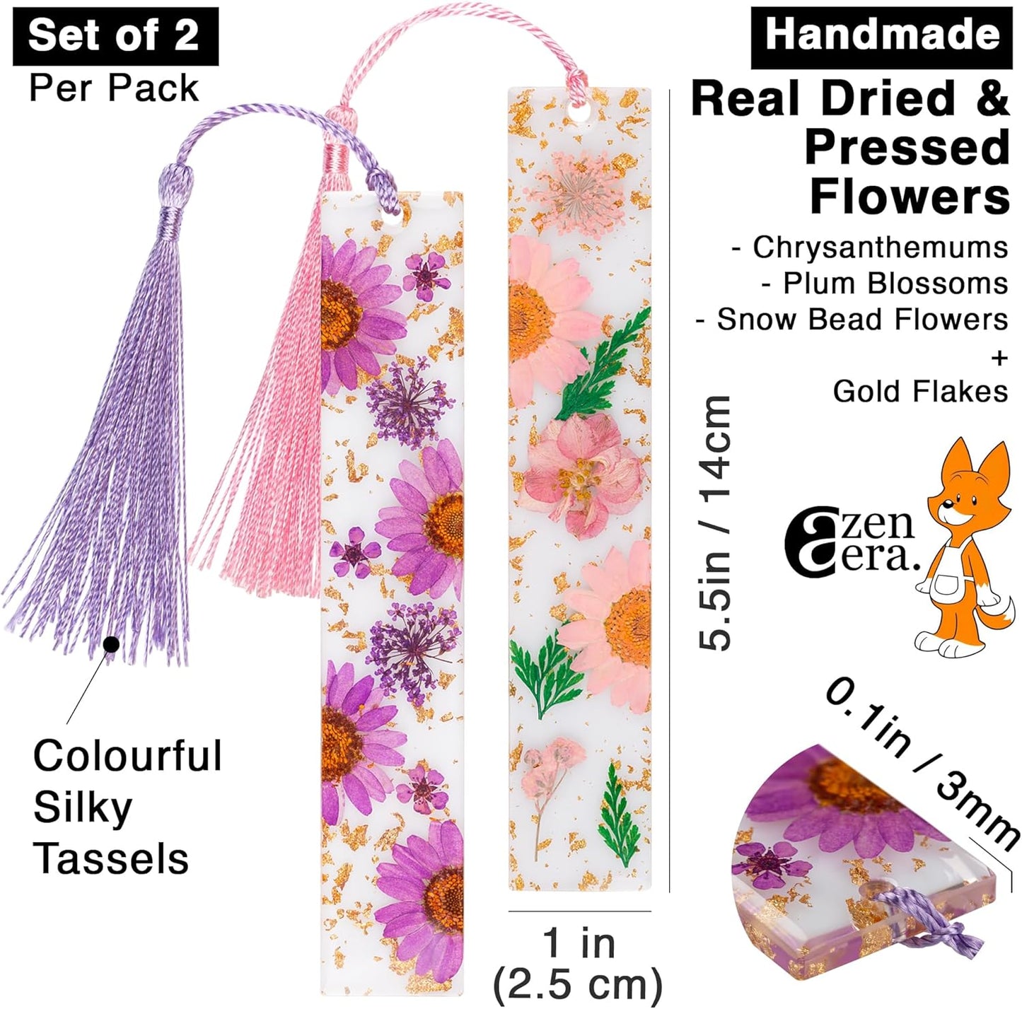 Pressed Flower Bookmarks (2 Pack) - Handmade Floral Resin Tassels
