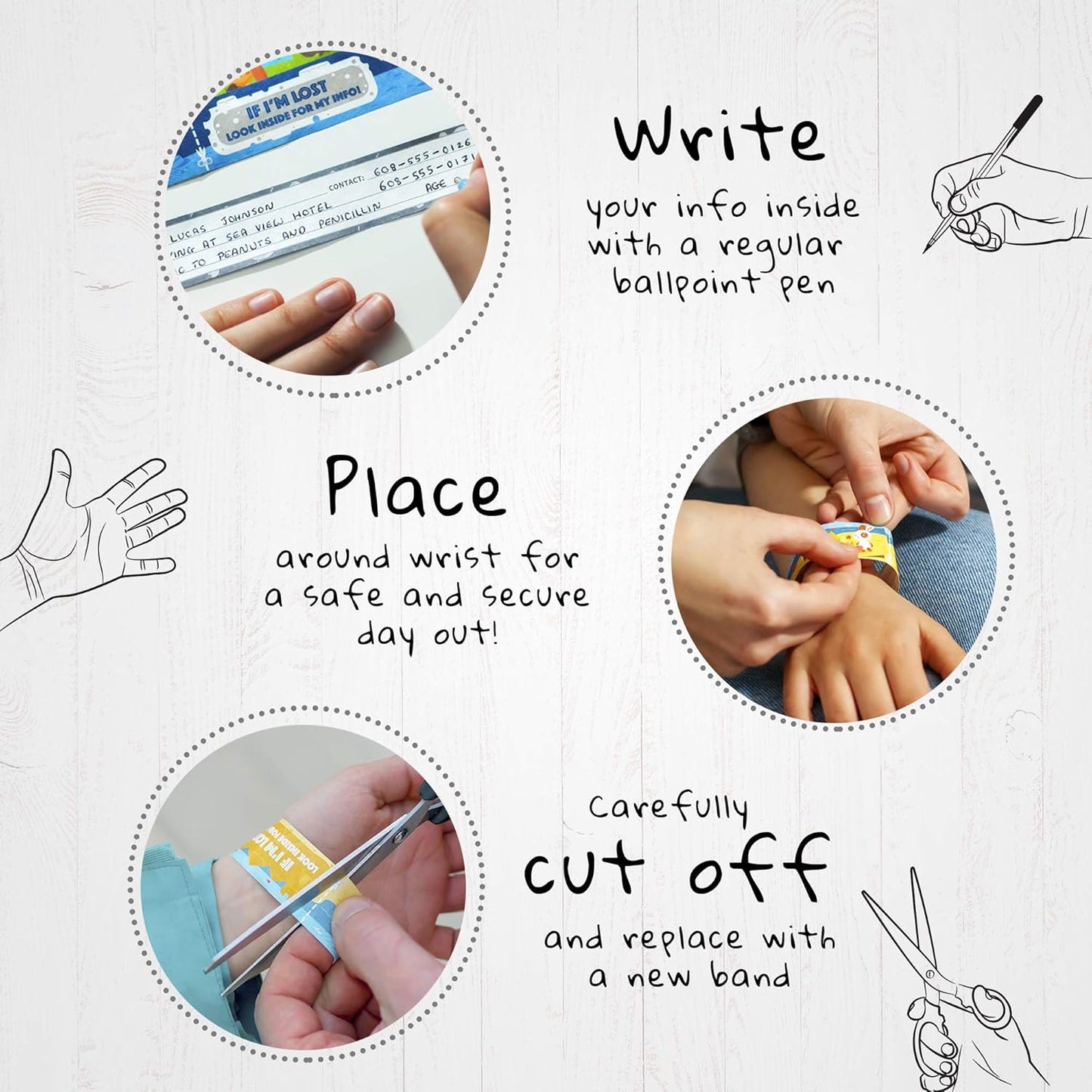 Printlike 15 Pack Travel ID Safety Wristbands for Kids