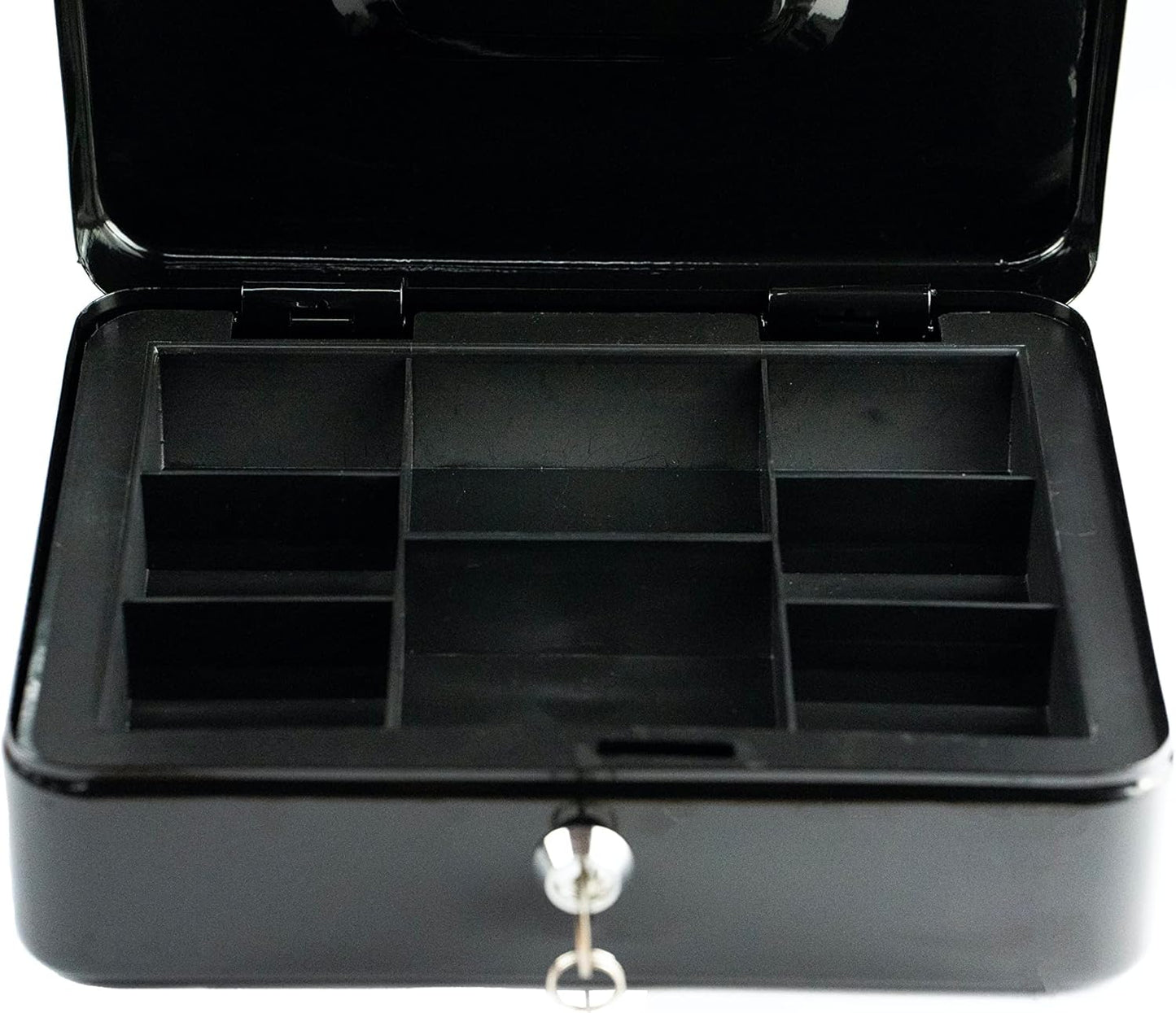 Steel Petty Cash Box with 2 Keys and Removable Change Tray - Black 10"
