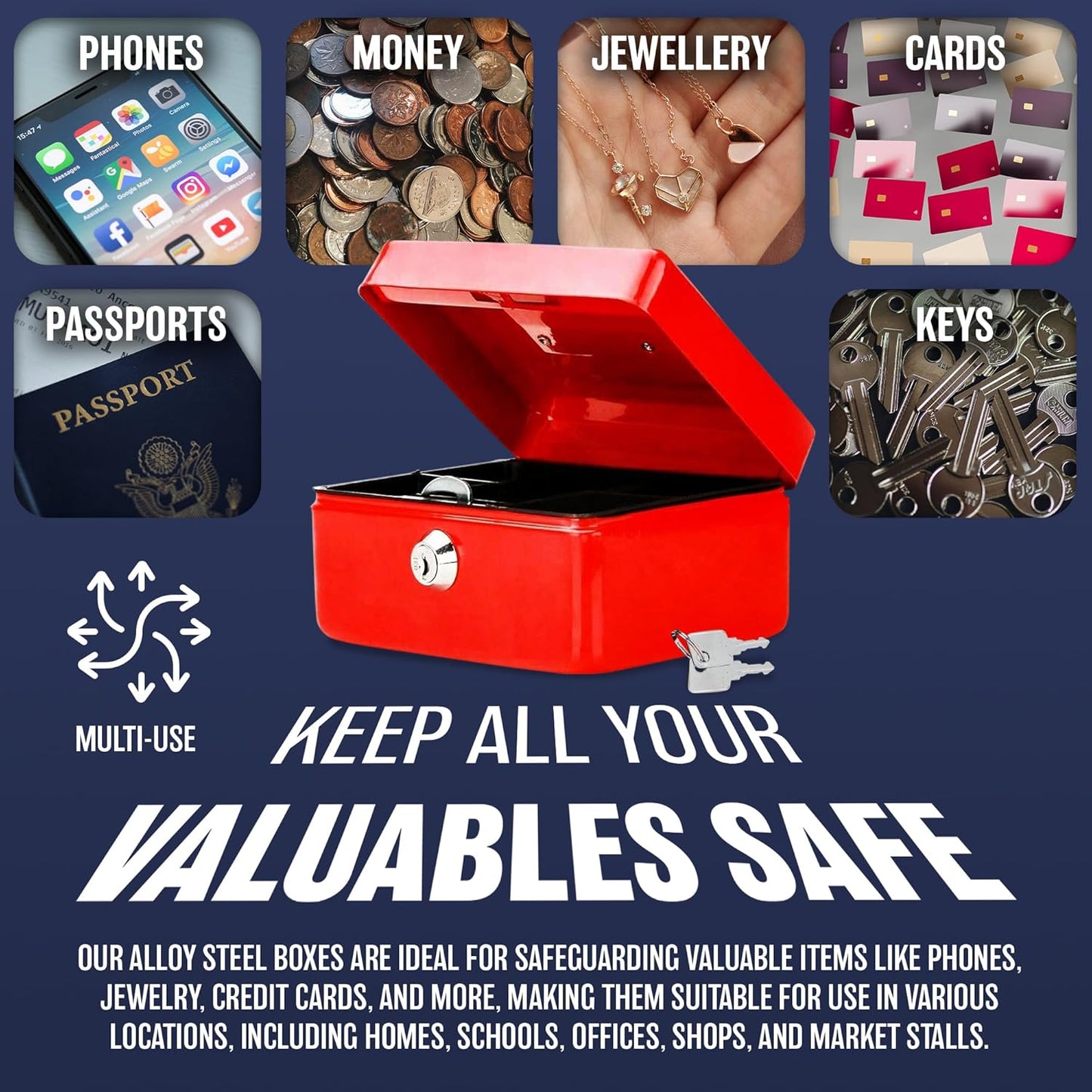 10" Red Steel Safe Security Cash Box with Key Lock