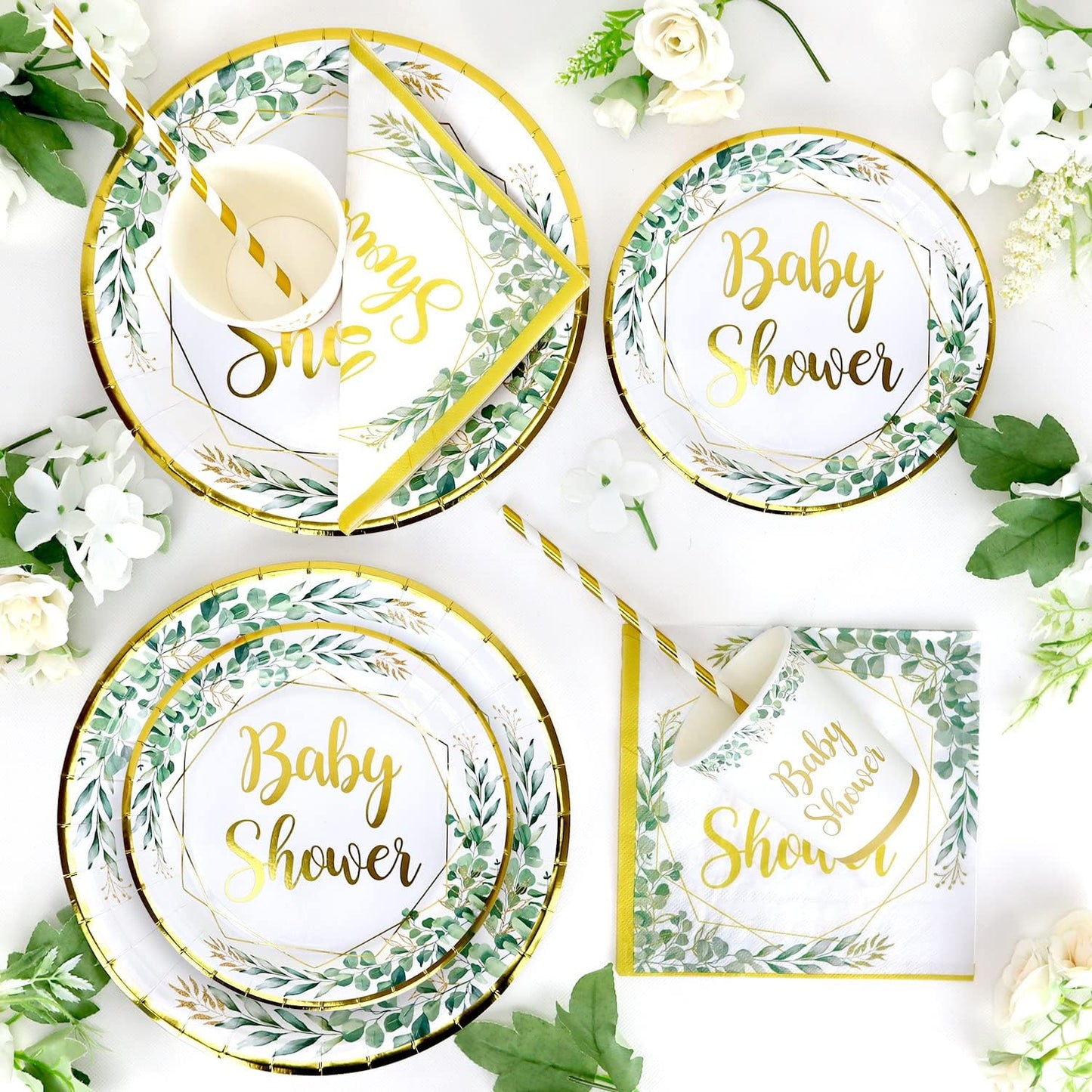 Sage Green Baby Shower Tableware Set for 25 Guests - 125 Pieces