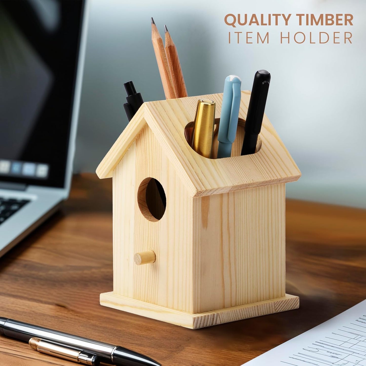 Wooden Birdhouse Pen & Pencil Holder for Desk - Organiser & Storage Pot-CentralDepot247