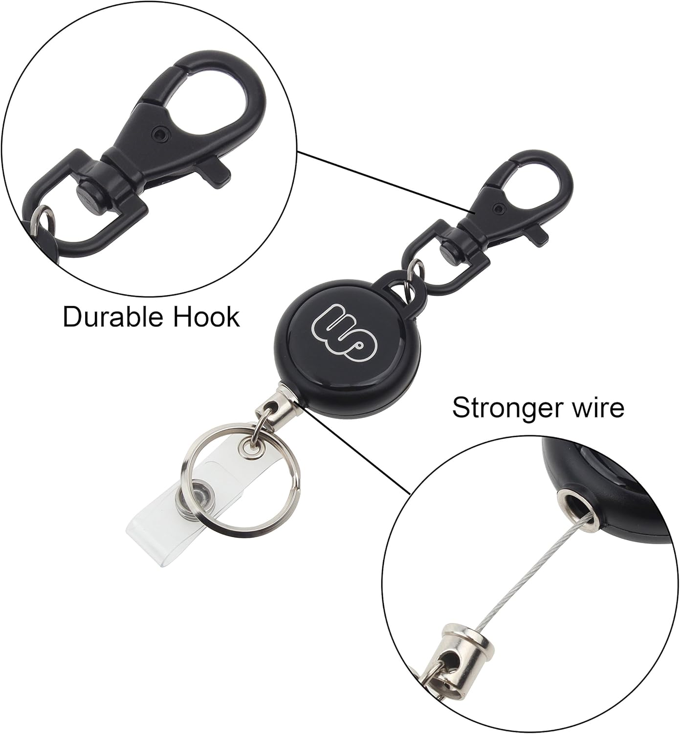 Retractable ID Badge Holder with Zipper Pocket - Black, Vertical