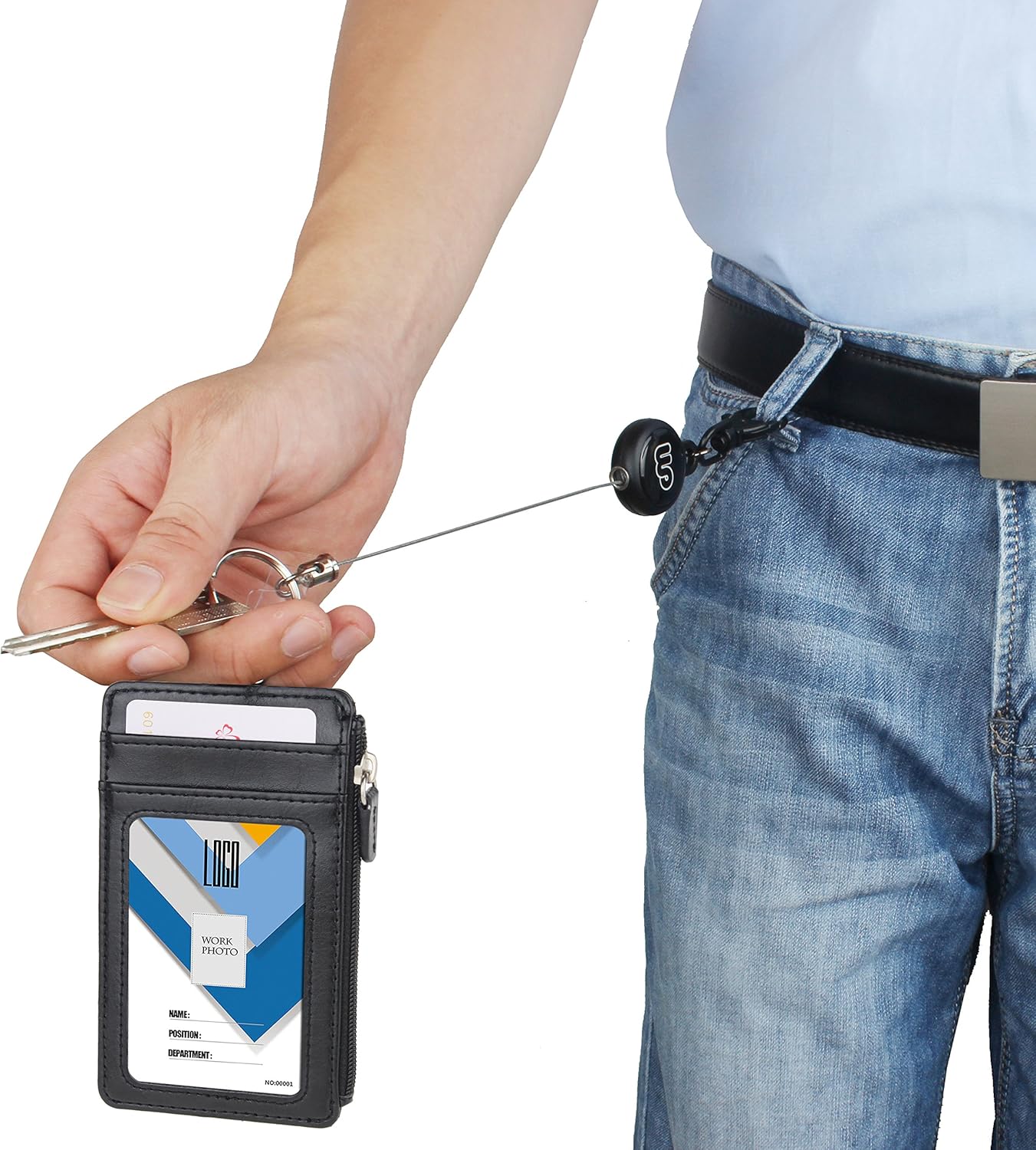 Retractable ID Badge Holder with Zipper Pocket - Black, Vertical