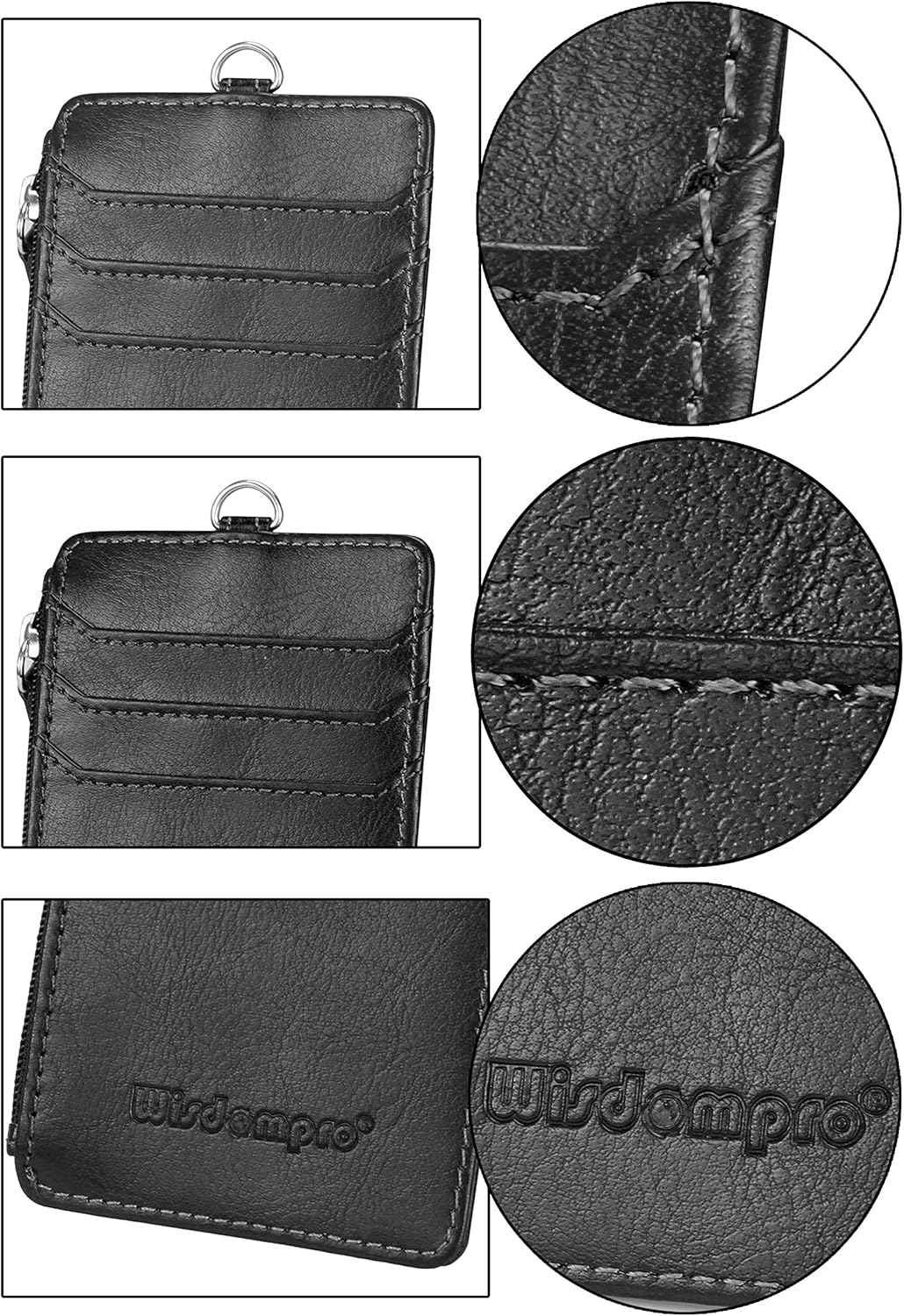Retractable ID Badge Holder with Zipper Pocket - Black, Vertical