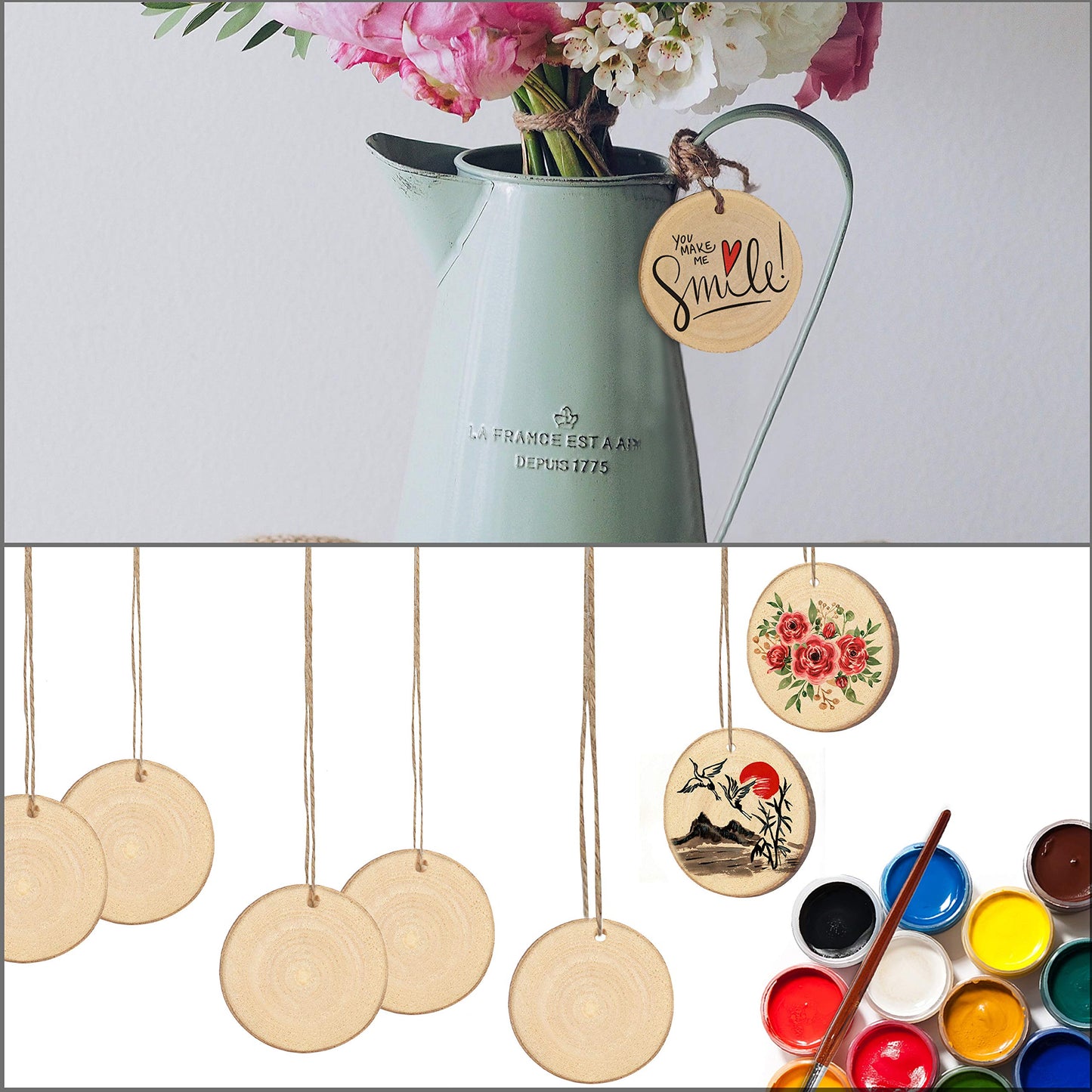 Kurtzy 100 Pack Unfinished Natural Wood Slices - 3-5cm Diameter & 5mm Thick - Predrilled Holes & 20m of Jute Twine - Small Rustic Circle Wooden Discs with Bark - Log Slices for Crafts & Decoration-CentralDepot247