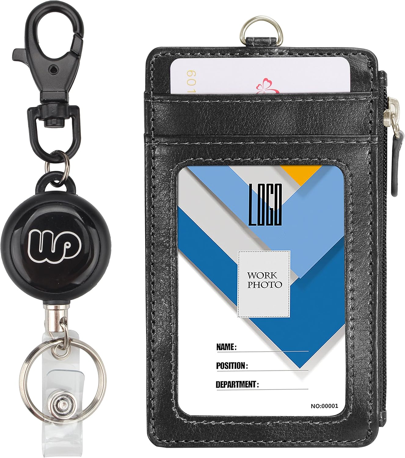 Retractable ID Badge Holder with Zipper Pocket - Black, Vertical