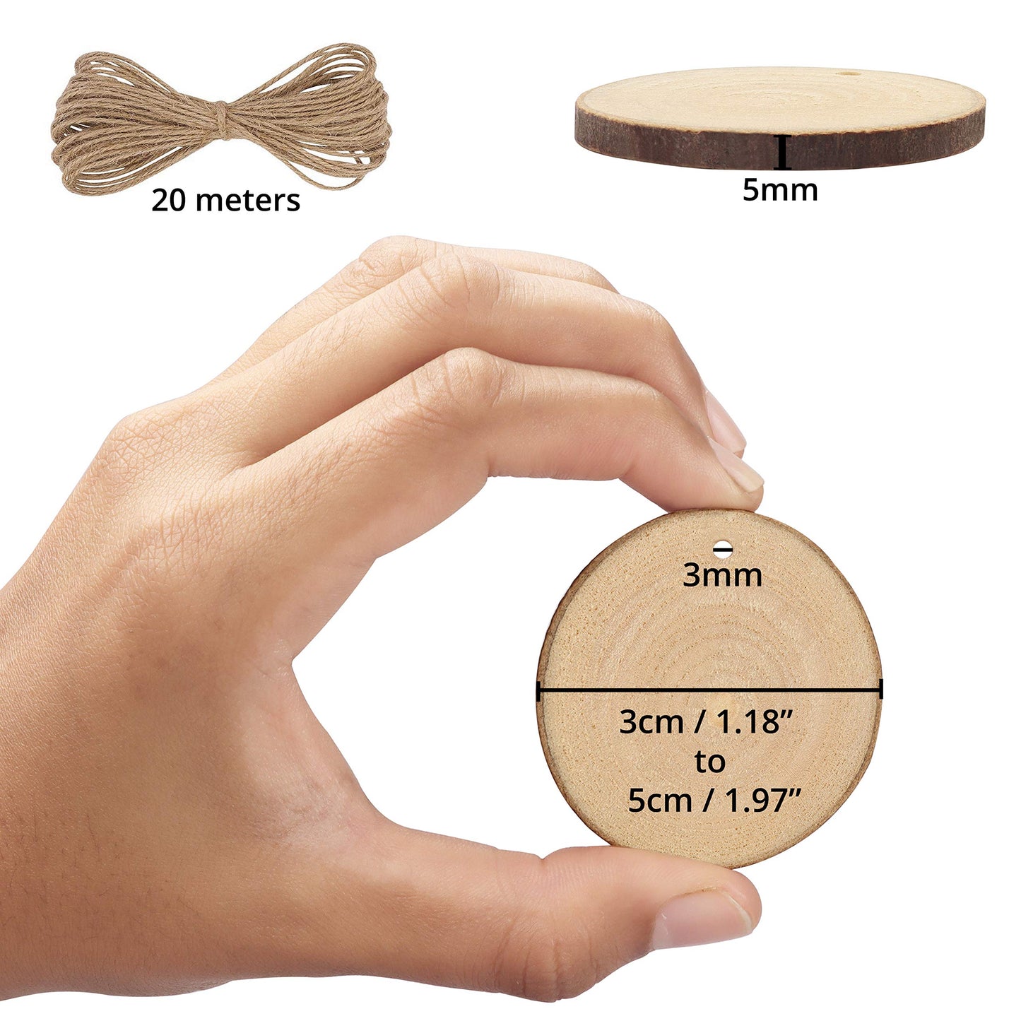 Kurtzy 100 Pack Unfinished Natural Wood Slices - 3-5cm Diameter & 5mm Thick - Predrilled Holes & 20m of Jute Twine - Small Rustic Circle Wooden Discs with Bark - Log Slices for Crafts & Decoration-CentralDepot247