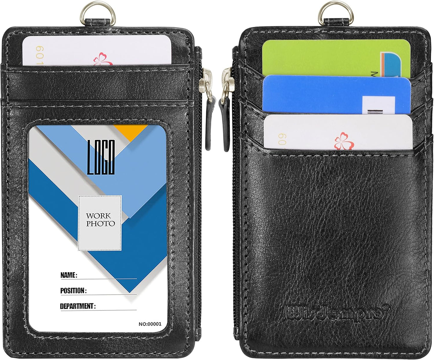 Retractable ID Badge Holder with Zipper Pocket - Black, Vertical