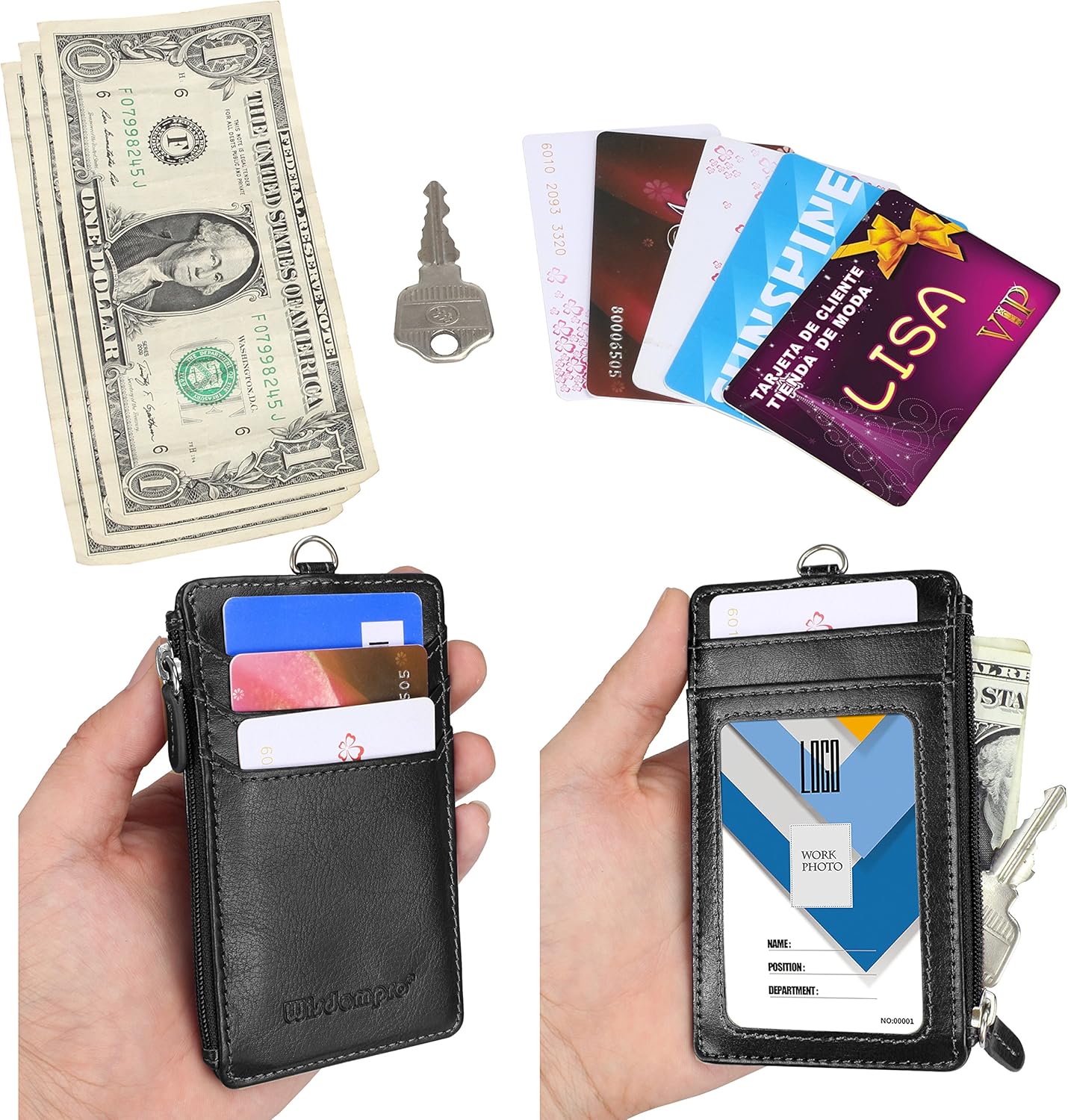 Retractable ID Badge Holder with Zipper Pocket - Black, Vertical