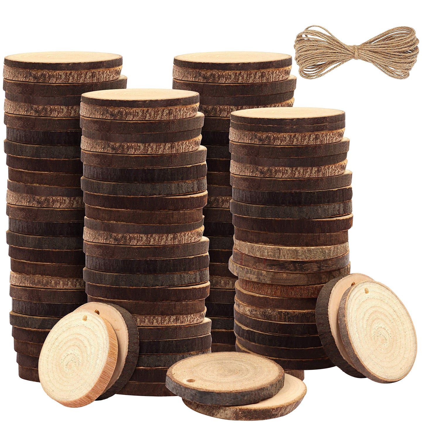 Kurtzy 100 Pack Unfinished Natural Wood Slices - 3-5cm Diameter & 5mm Thick - Predrilled Holes & 20m of Jute Twine - Small Rustic Circle Wooden Discs with Bark - Log Slices for Crafts & Decoration-CentralDepot247