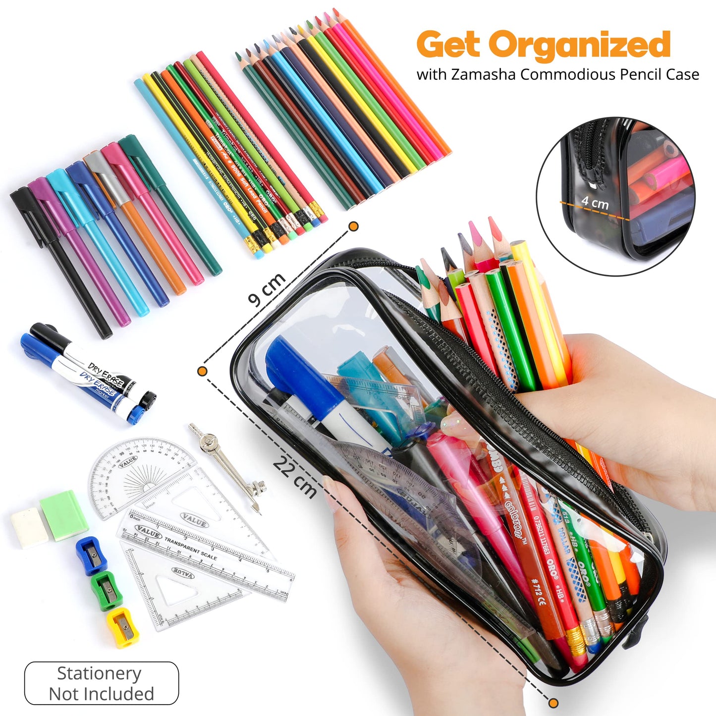Stylish Transparent Pencil Case - 22x4x9 cm for Stationery & Travel-CentralDepot247