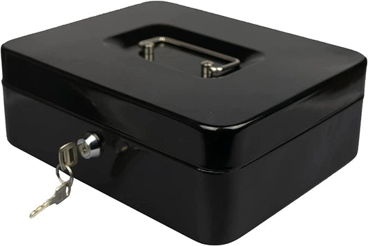 Steel Petty Cash Box with 2 Keys and Removable Change Tray - Black 10"