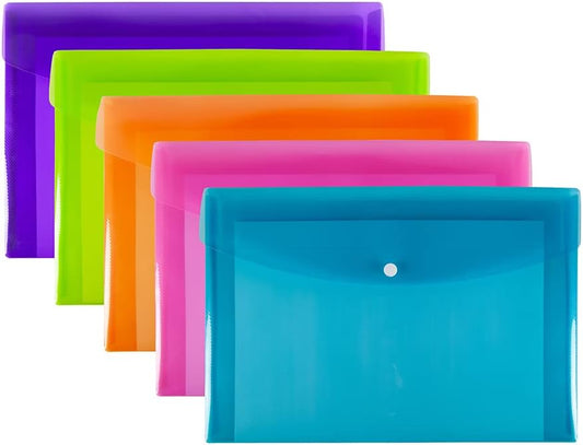 SUMMIT A4+ Heavy Duty Plastic Popper Wallets, 5 Assorted Colours